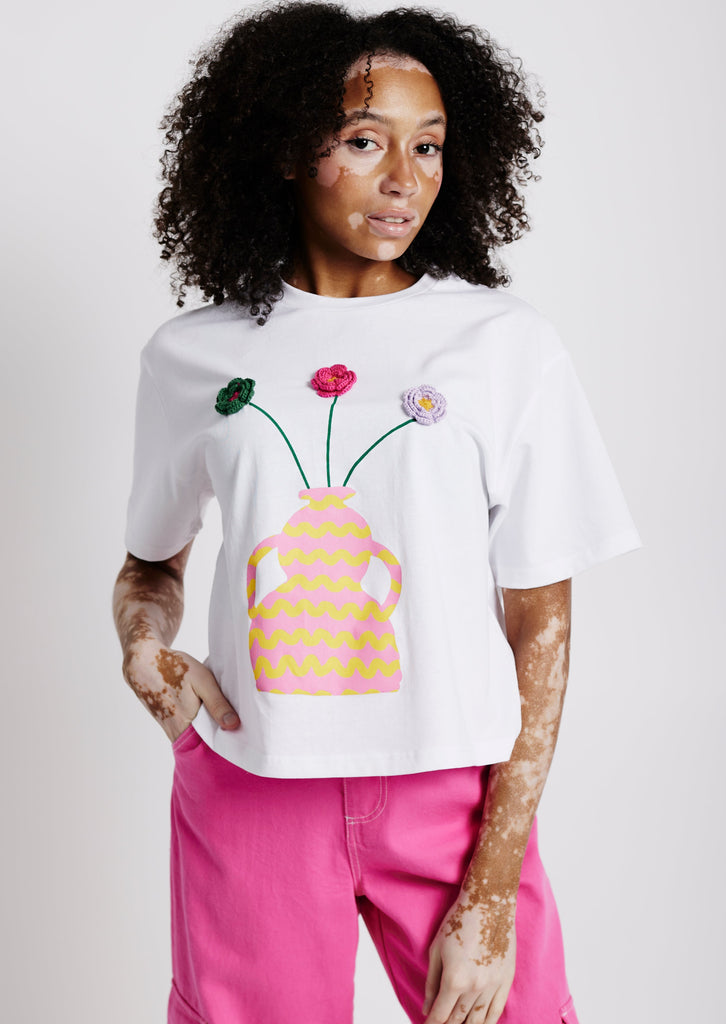 Me&B. Women's Clothing. Shirts. White Boxy Tee. Printed Tee. Vase Print Tee. Embroided Shirt. Local Cape Town Brand 