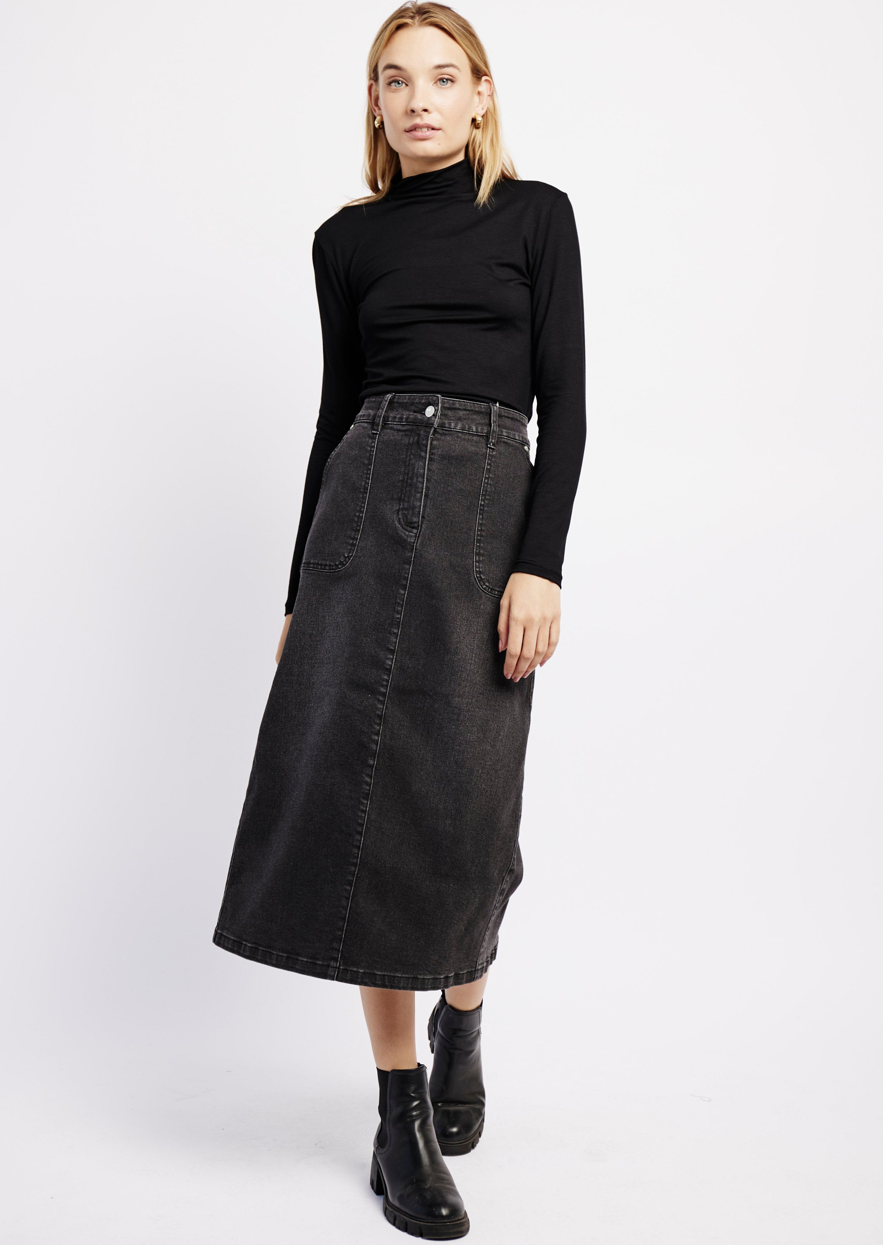 Denim Skirt with Back Slit in Black - Me&B