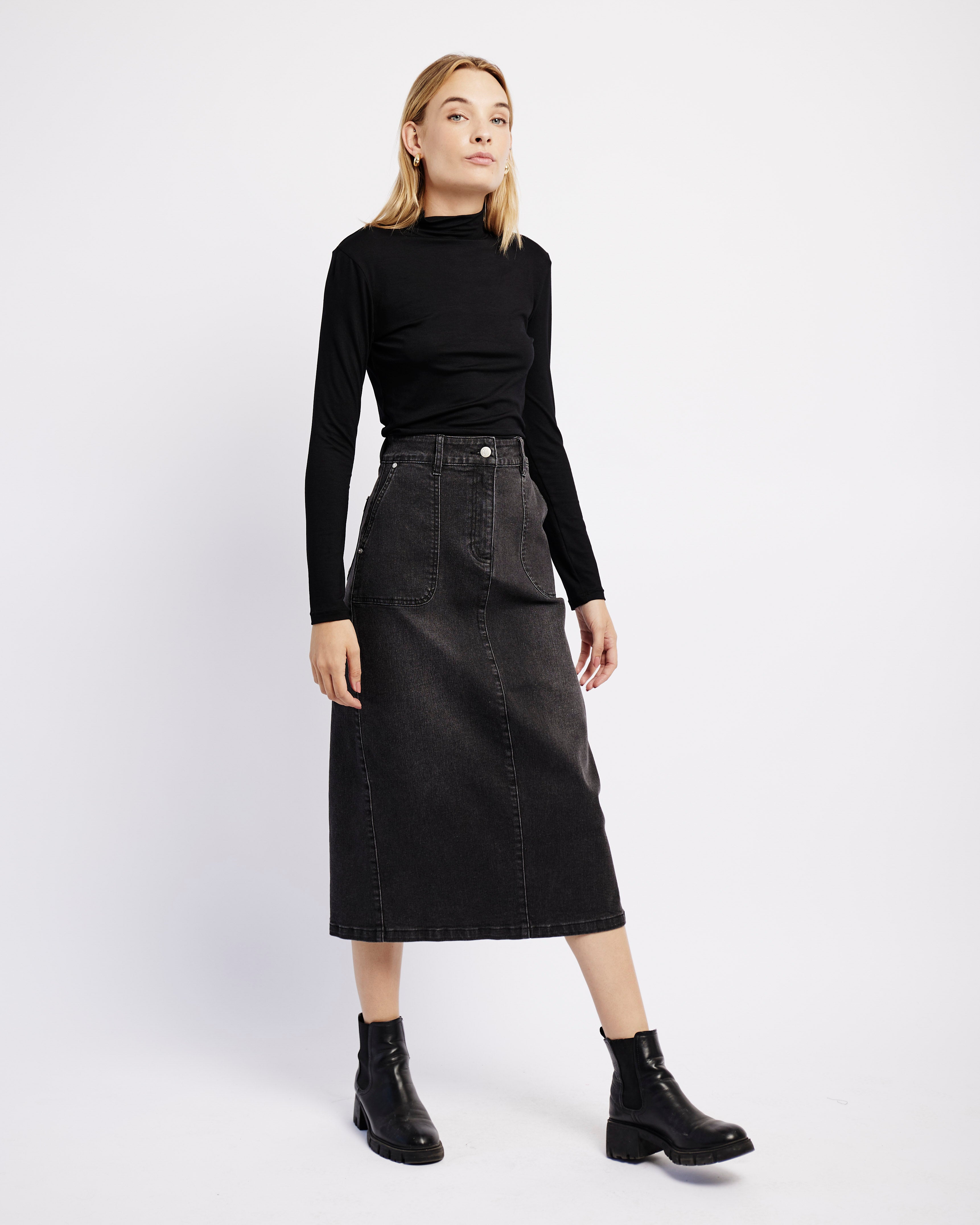 Denim Skirt with Back Slit in Black - Me&B