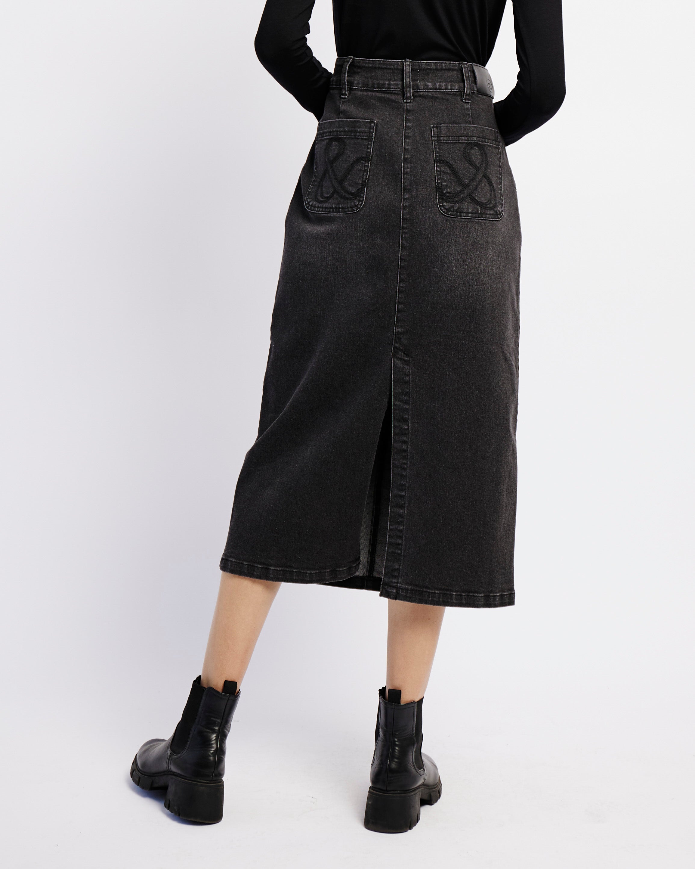Denim Skirt with Back Slit in Black - Me&B
