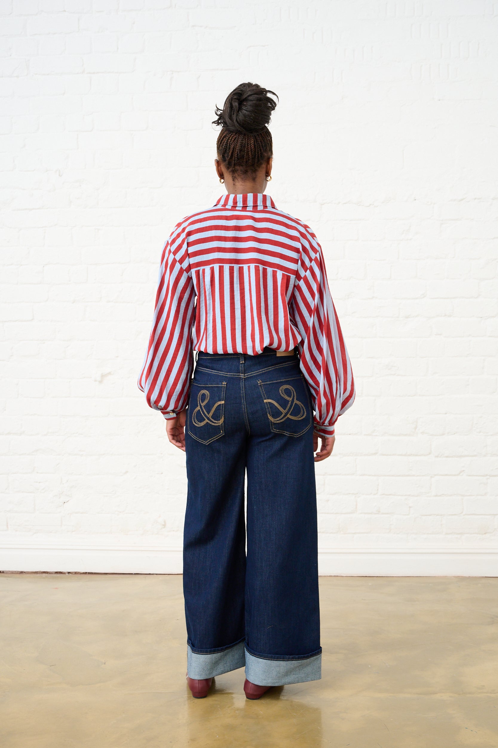 Bellow Sleeve Shirt in Red/Blue Stripe