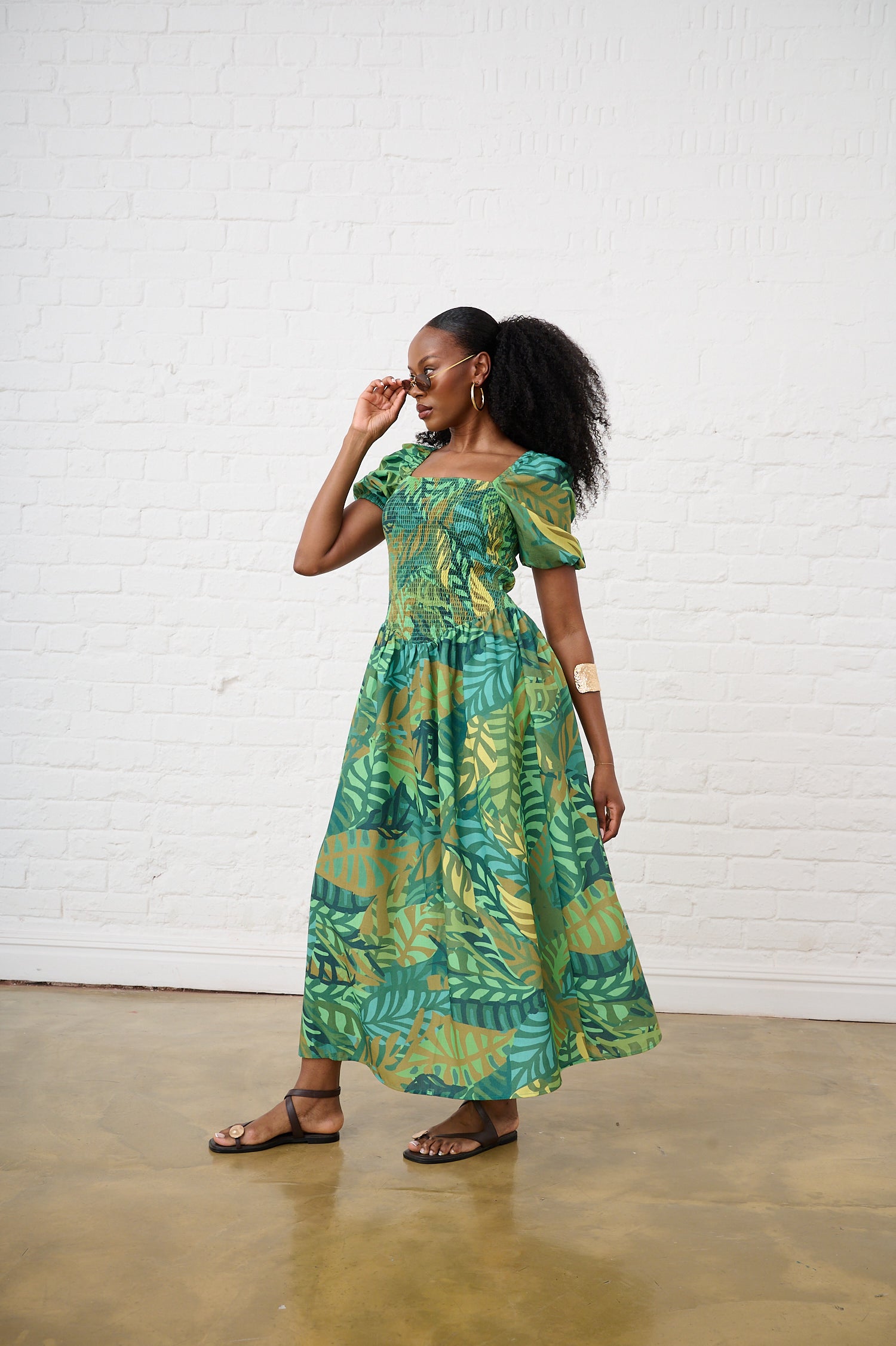 Shaped Hip Smocked Maxi Dress in Tropicana