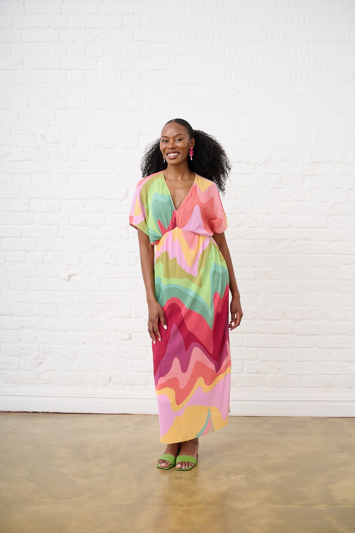 Groovy Print Plisse Kaftan Dress