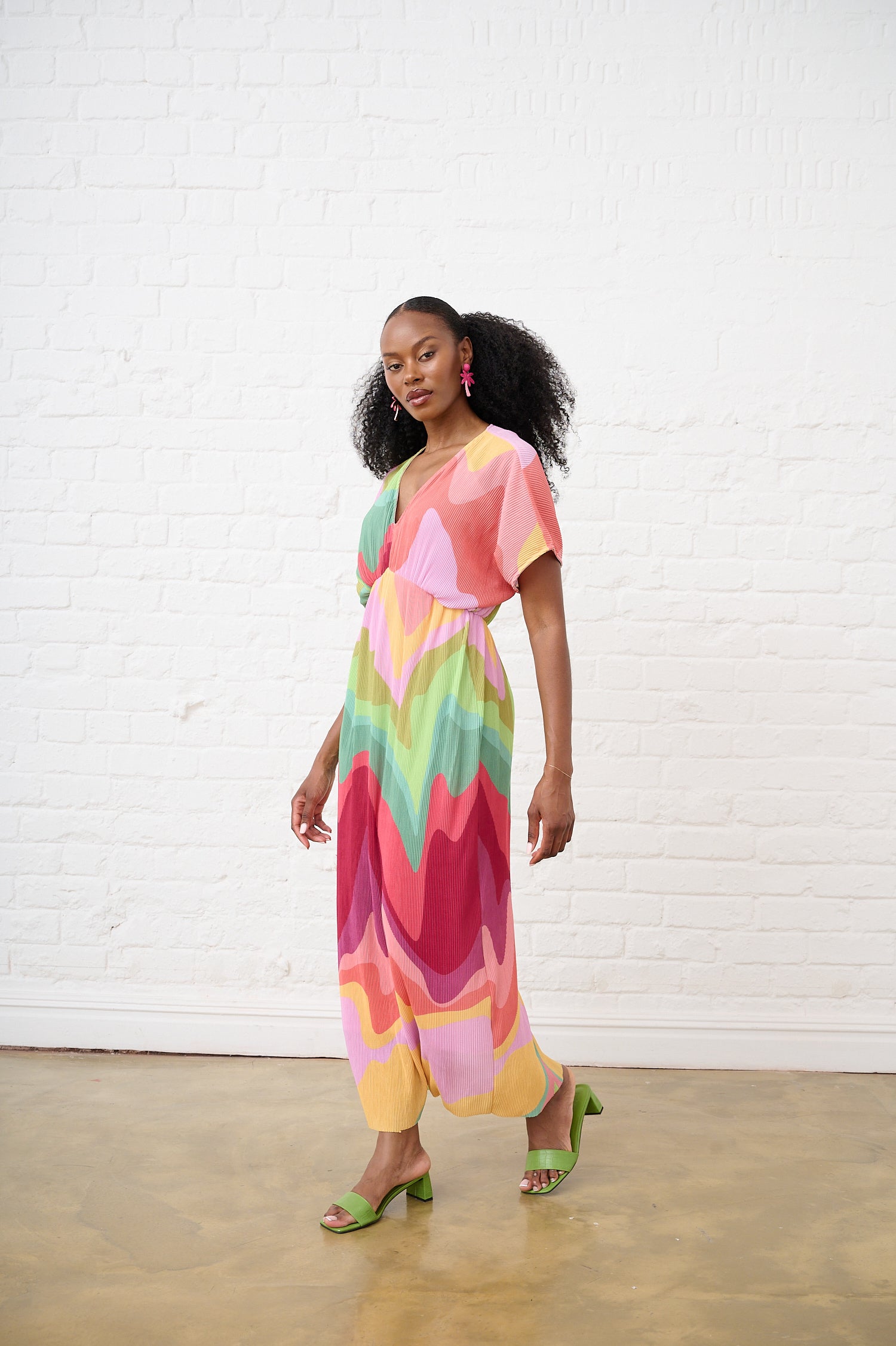 Groovy Print Plisse Kaftan Dress