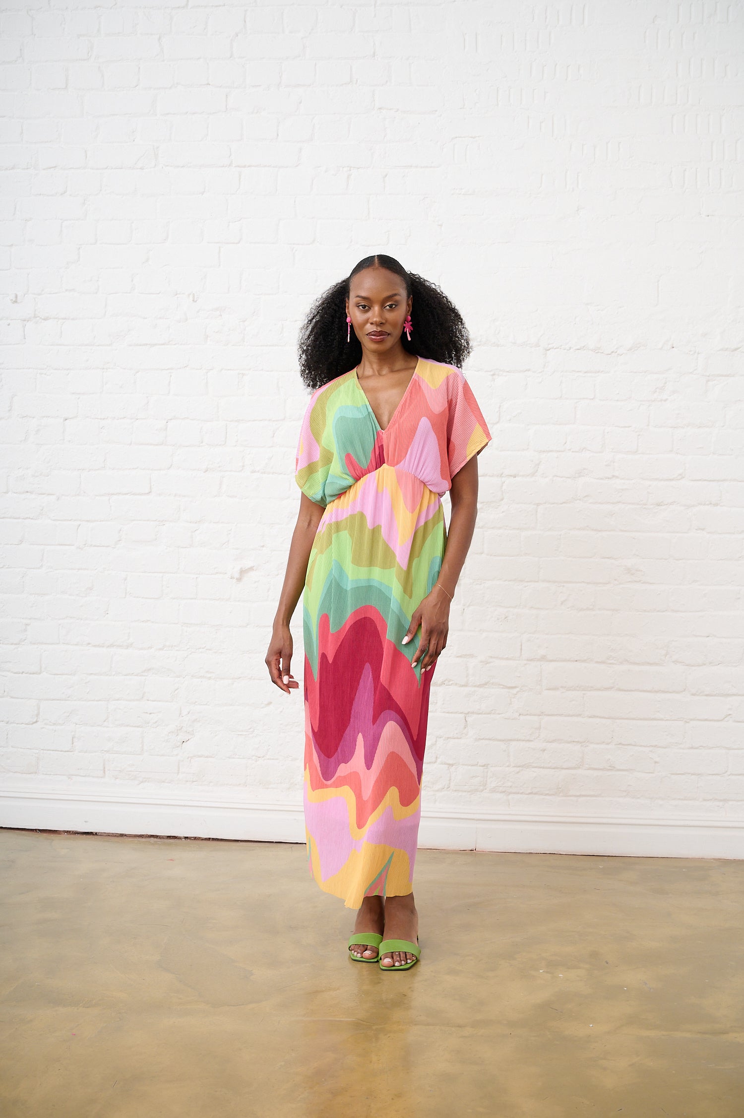 Groovy Print Plisse Kaftan Dress