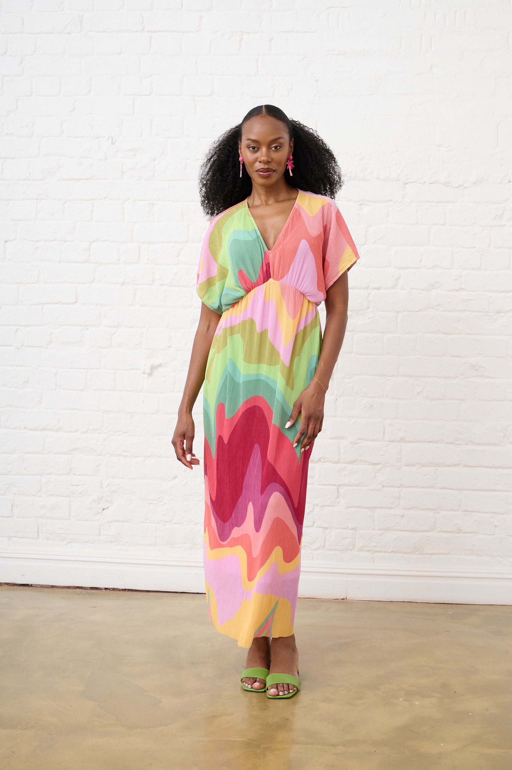 Groovy Print Plisse Kaftan Dress