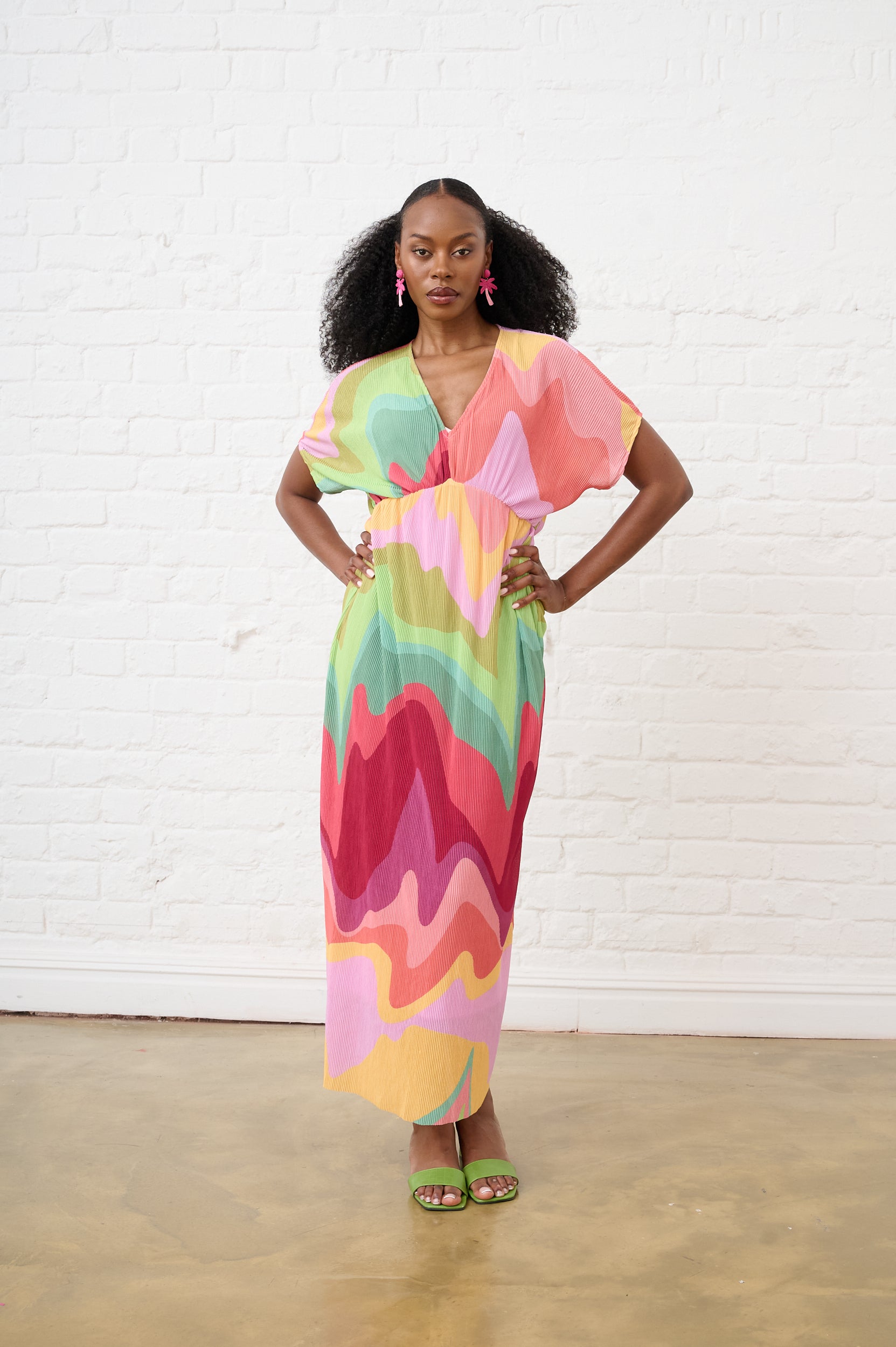 Groovy Print Plisse Kaftan Dress