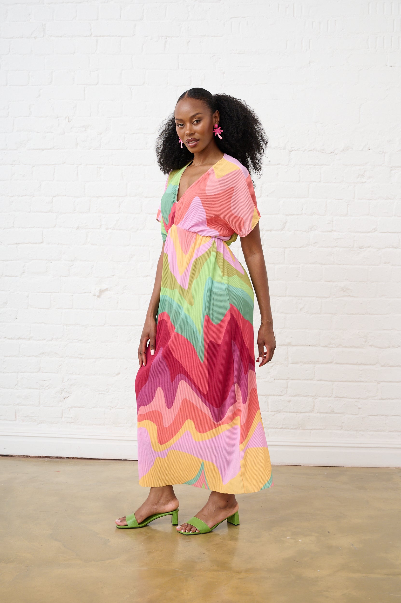 Groovy Print Plisse Kaftan Dress