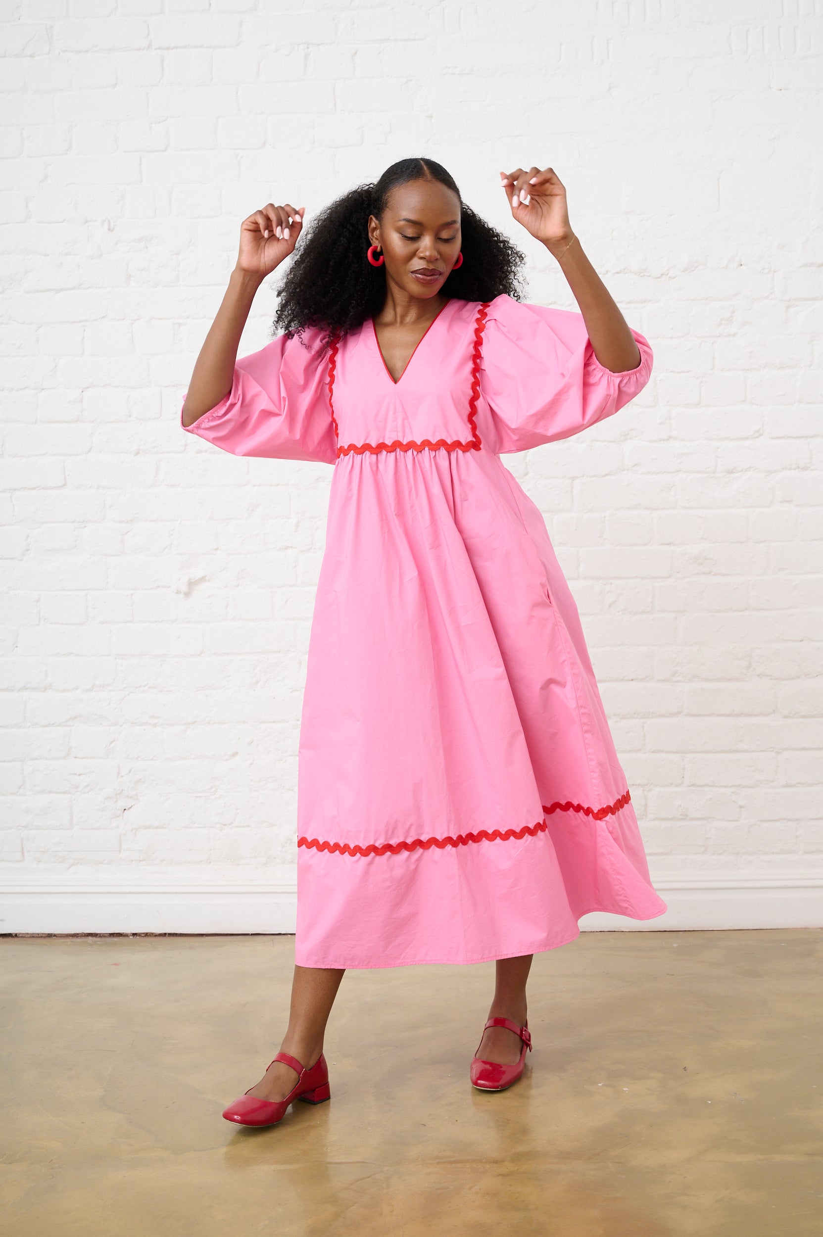 Pink Cotton Tunic Dress with Red RicRac Me&B Pink Cotton Tunic Dress with Red RicRac Me&B