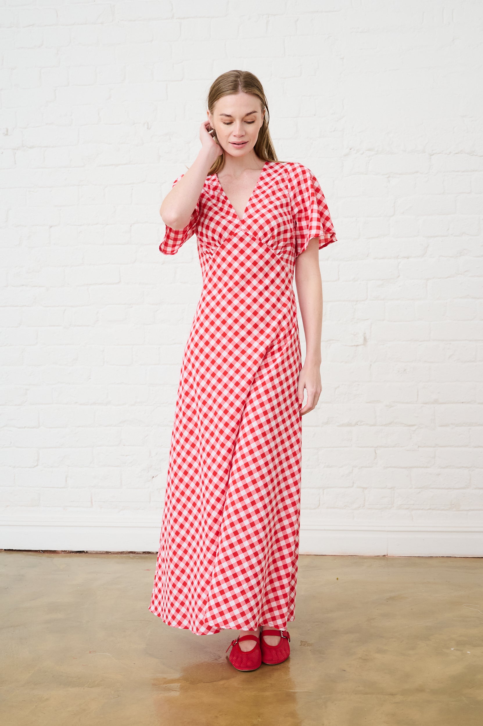 Red Gingham Maxi Dress with Sleeve