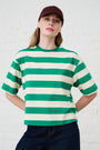 Model is wearing a green and white striped T-Shirt with a brown cap and jeans