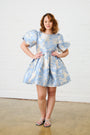 Pastel Blue Puff Sleeve Brocade Party Mini Dress