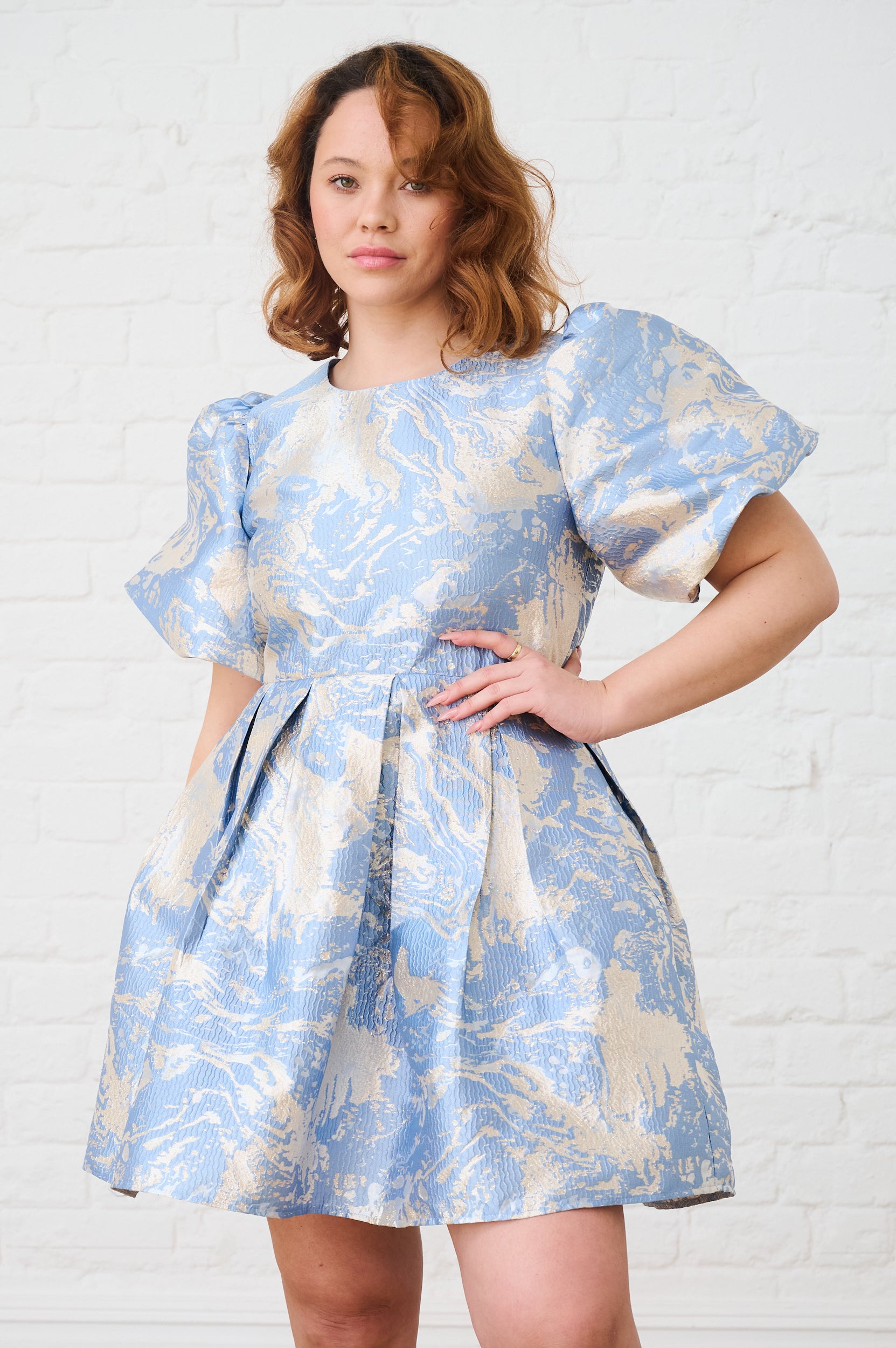 Pastel Blue Puff Sleeve Brocade Party Mini Dress