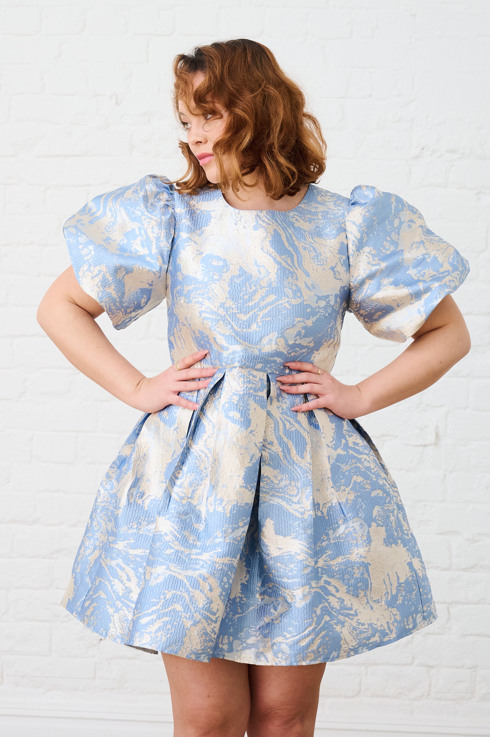 Pastel Blue Puff Sleeve Brocade Party Mini Dress