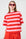 Model is wearing a pink and red stripe boxy tee with red sunglasses and red shorts