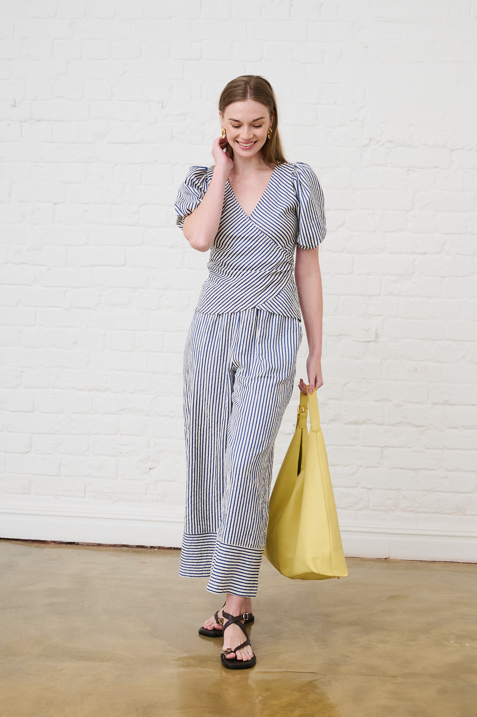 Elasticated Pull on Pants in Blue/Milk Stripe