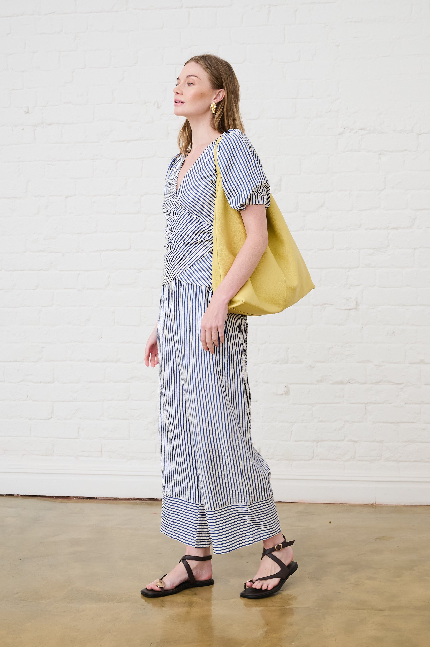 Elasticated Pull on Pants in Blue/Milk Stripe