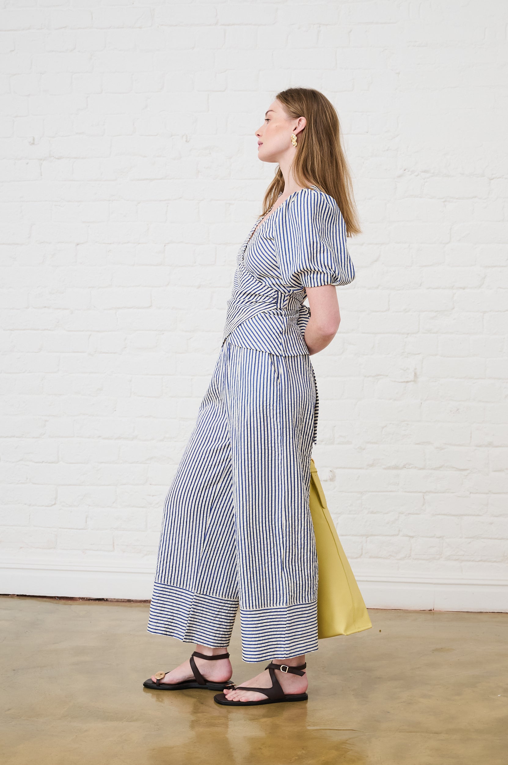 Elasticated Pull on Pants in Blue/Milk Stripe