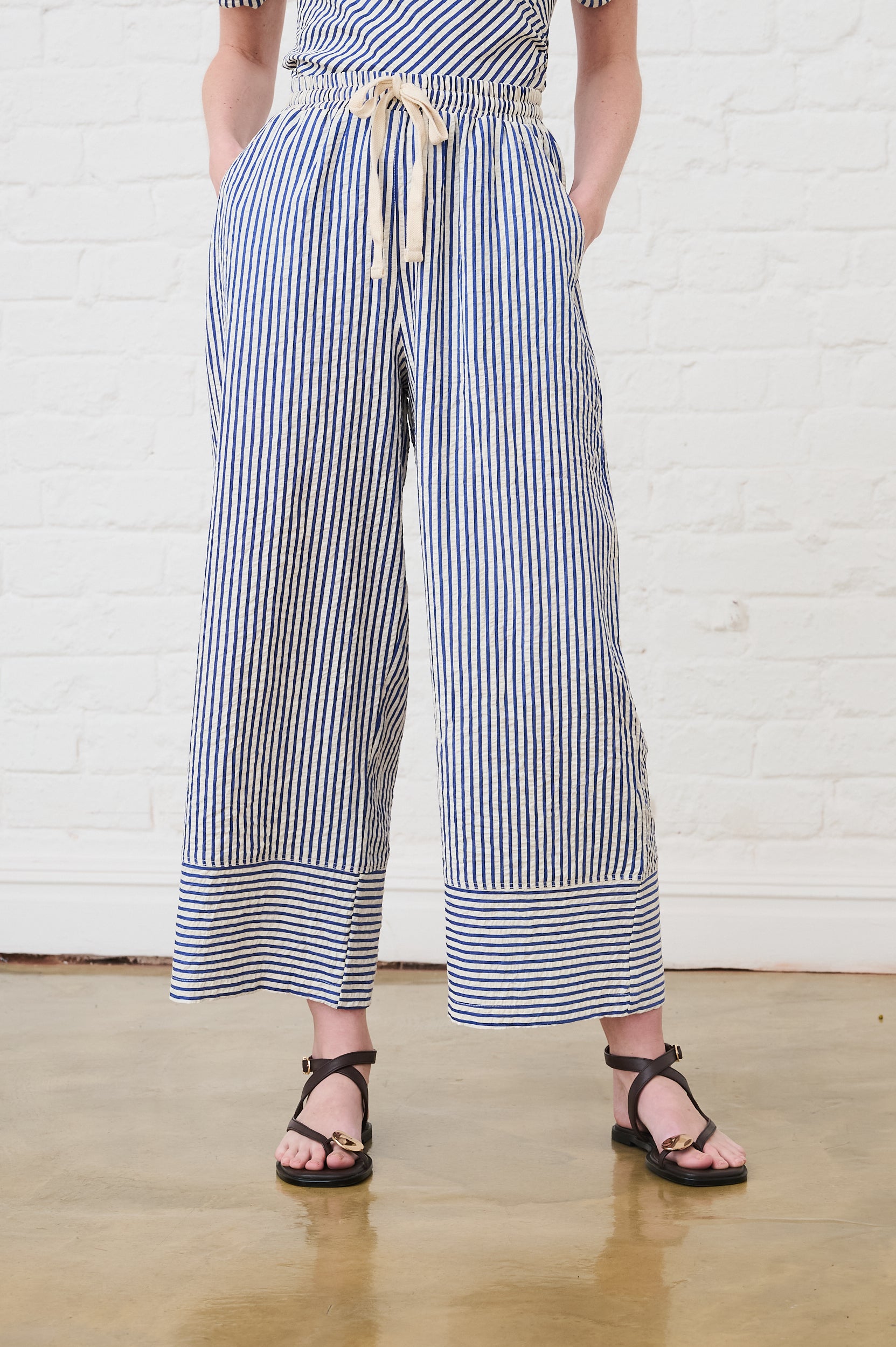 Elasticated Pull on Pants in Blue/Milk Stripe