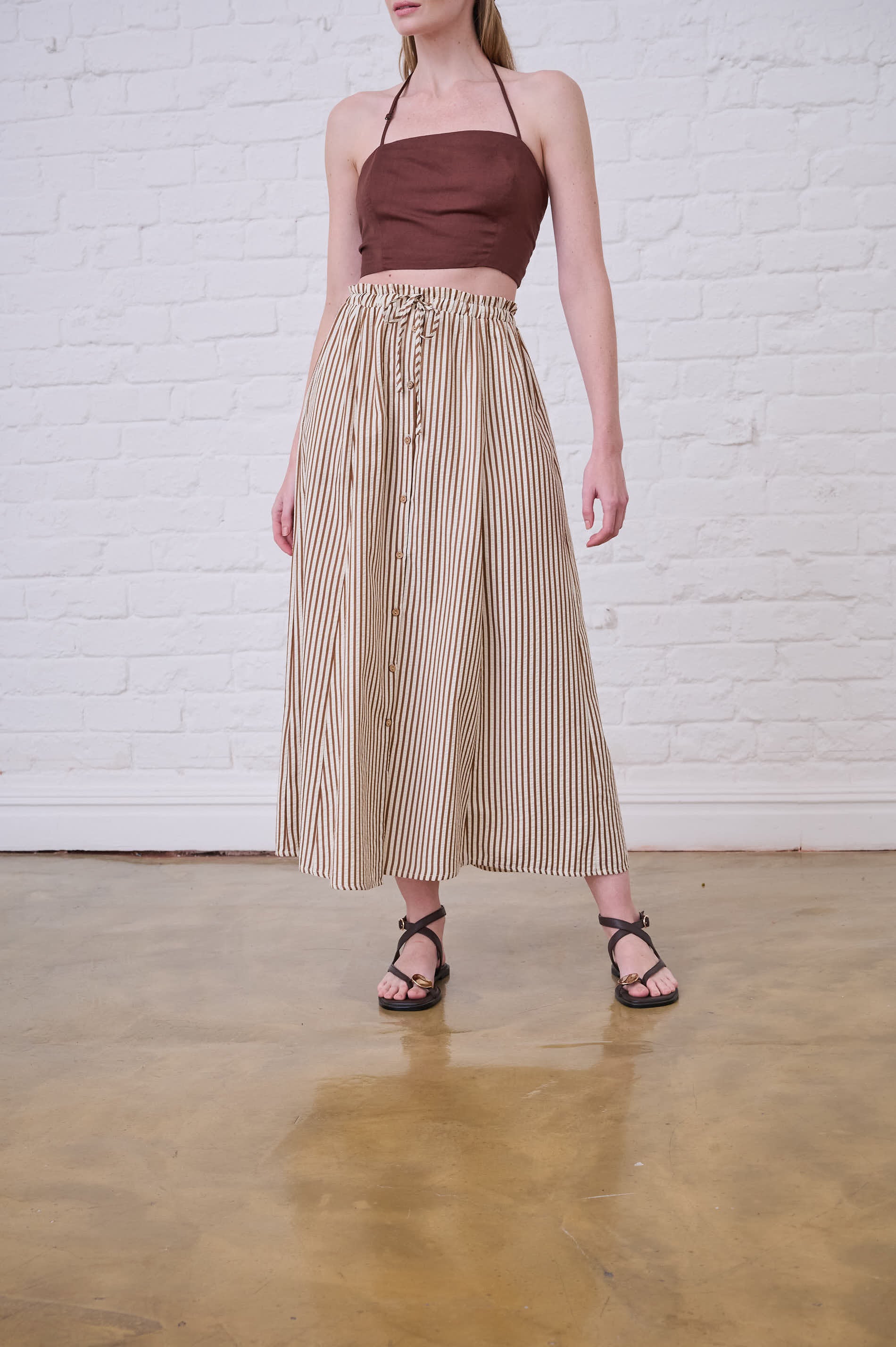 Elasticated Skirt in Choc Milk Stripe