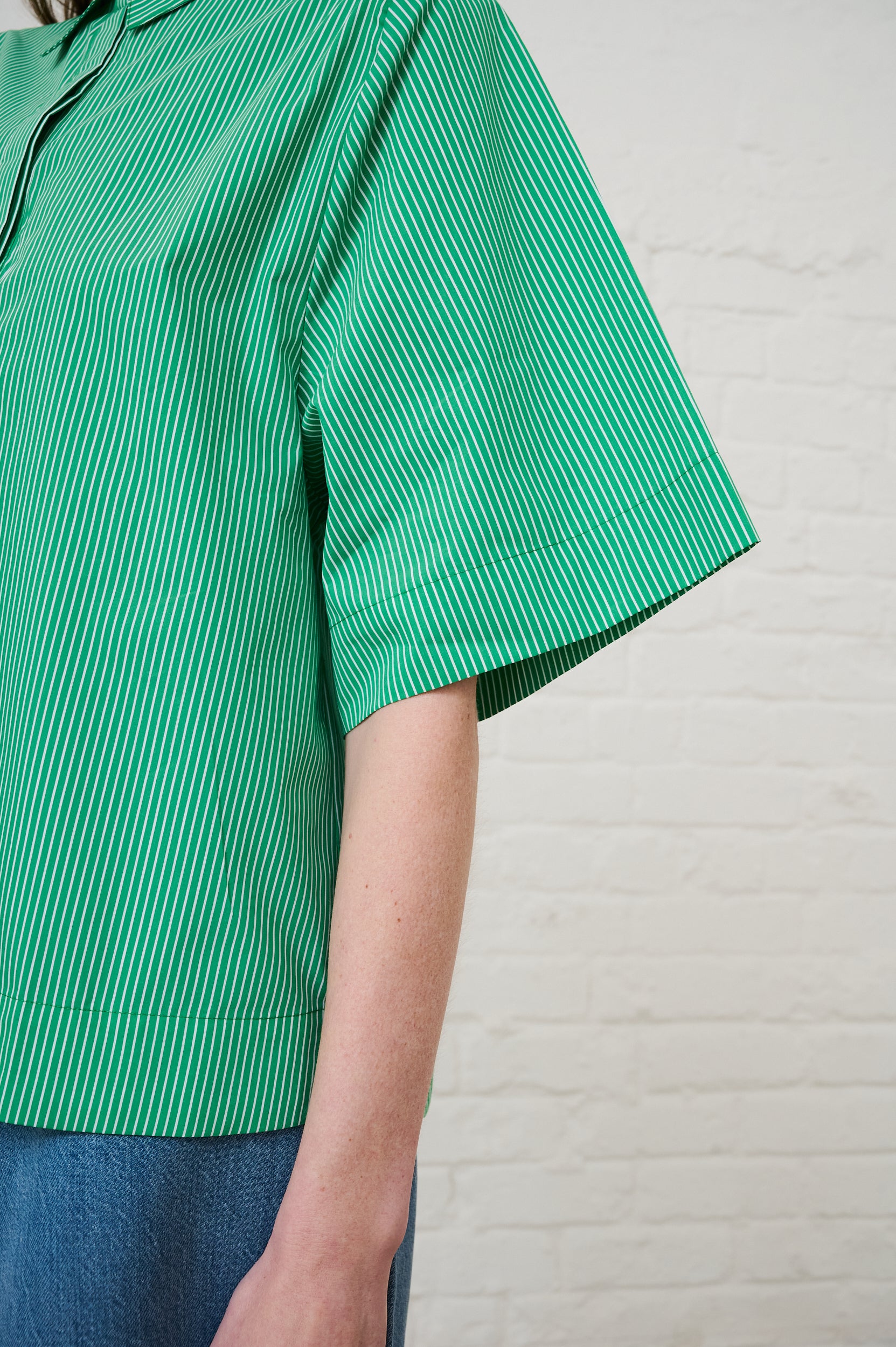 Cotton Boxy Shirt in Green Stripe