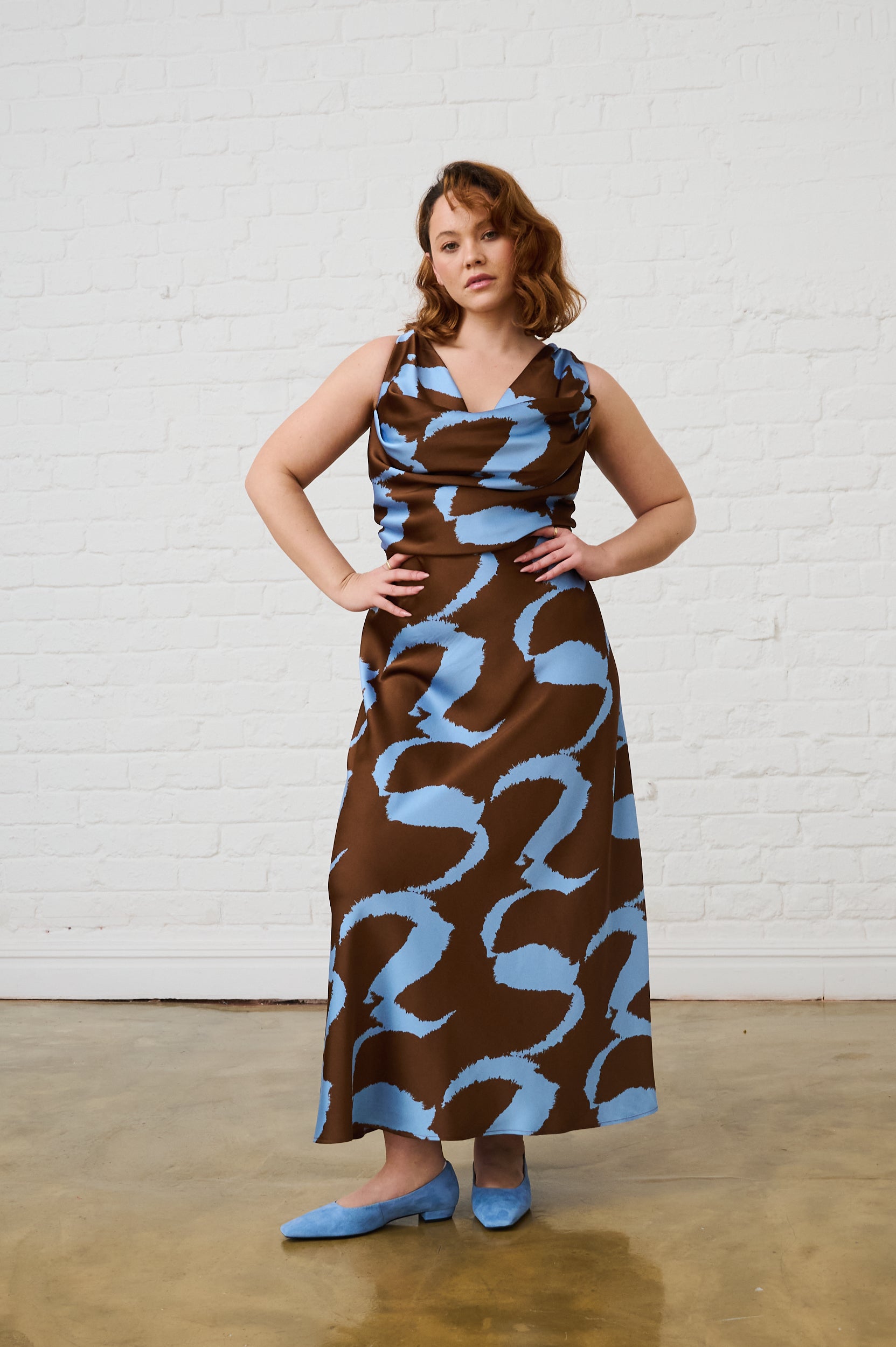 Cowl Neck Satin Dress in Choc Wave