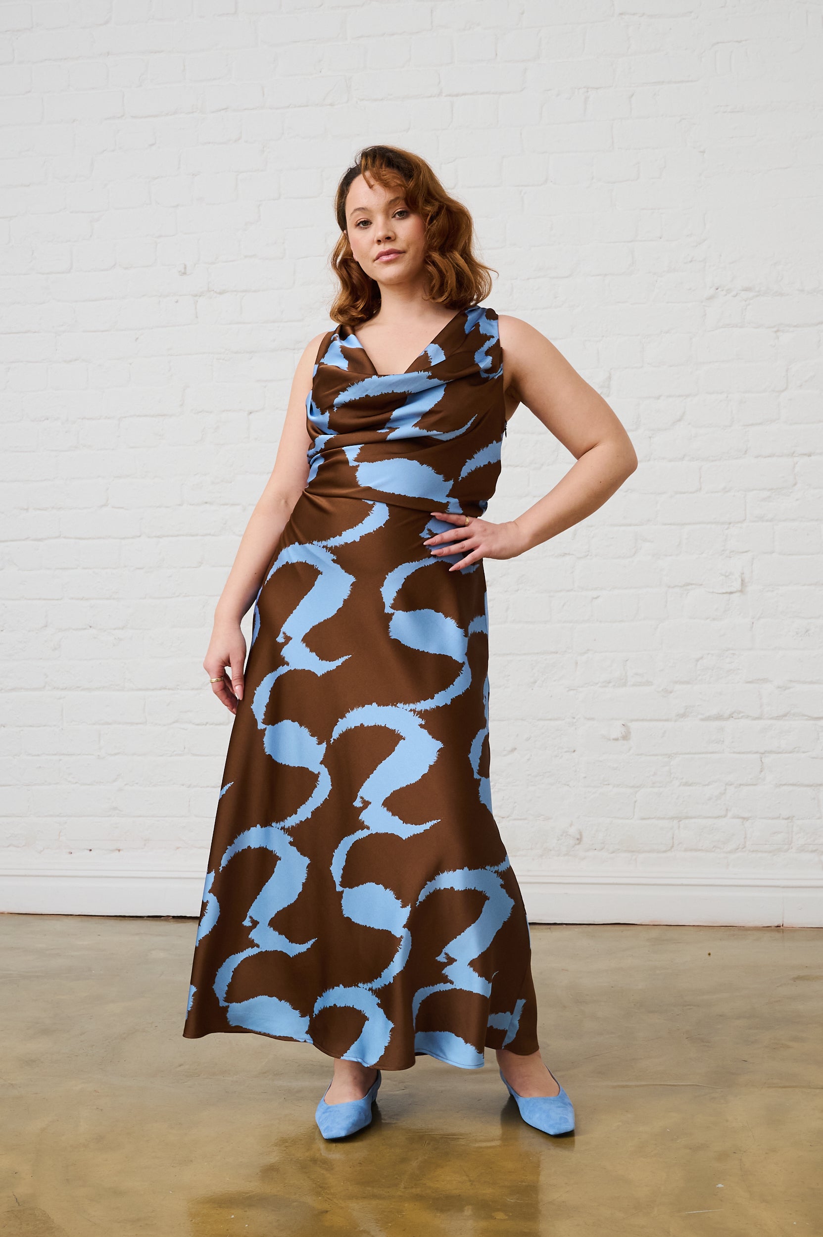 Cowl Neck Satin Dress in Choc Wave
