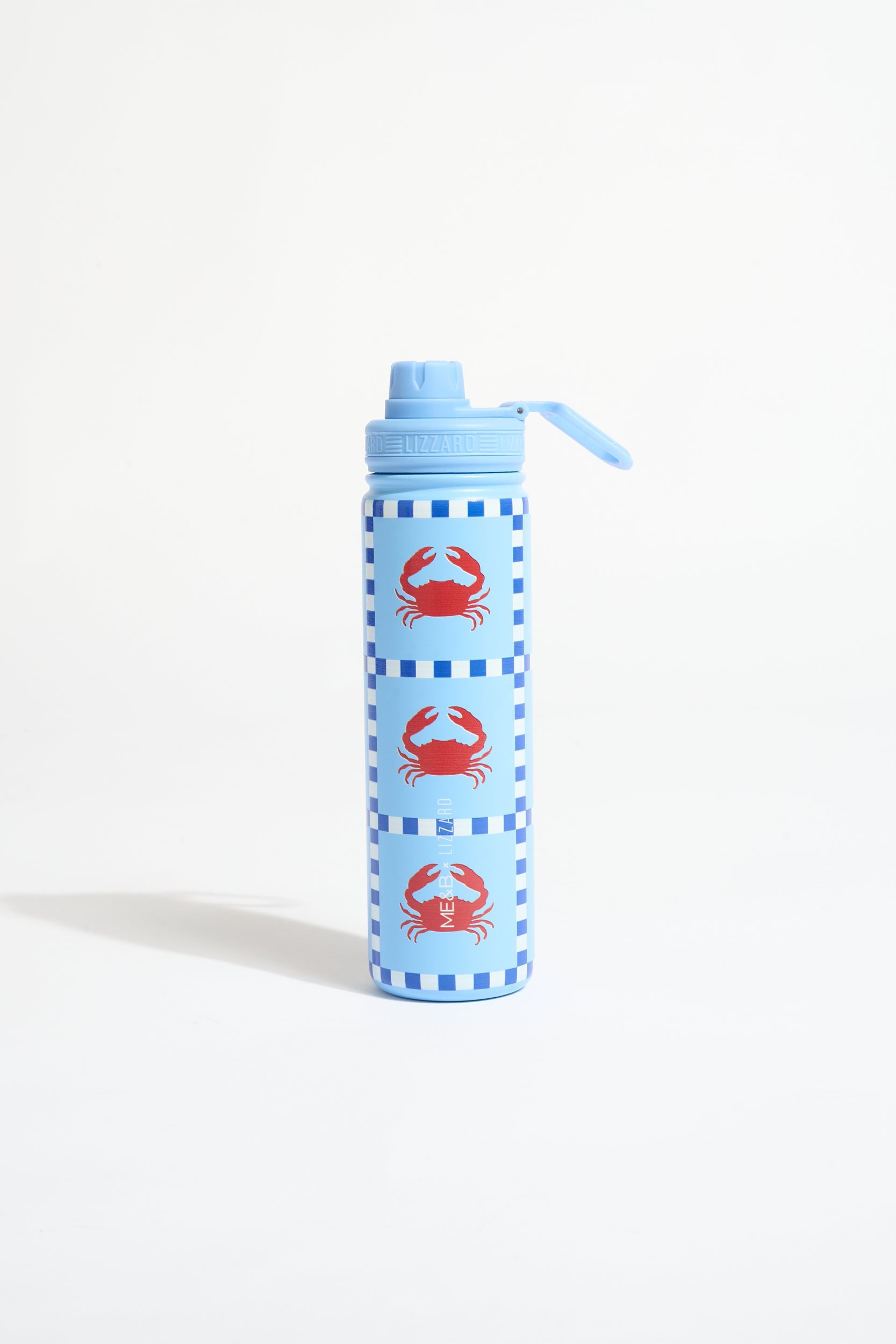 Light blue water bottle with red crab design on a white background