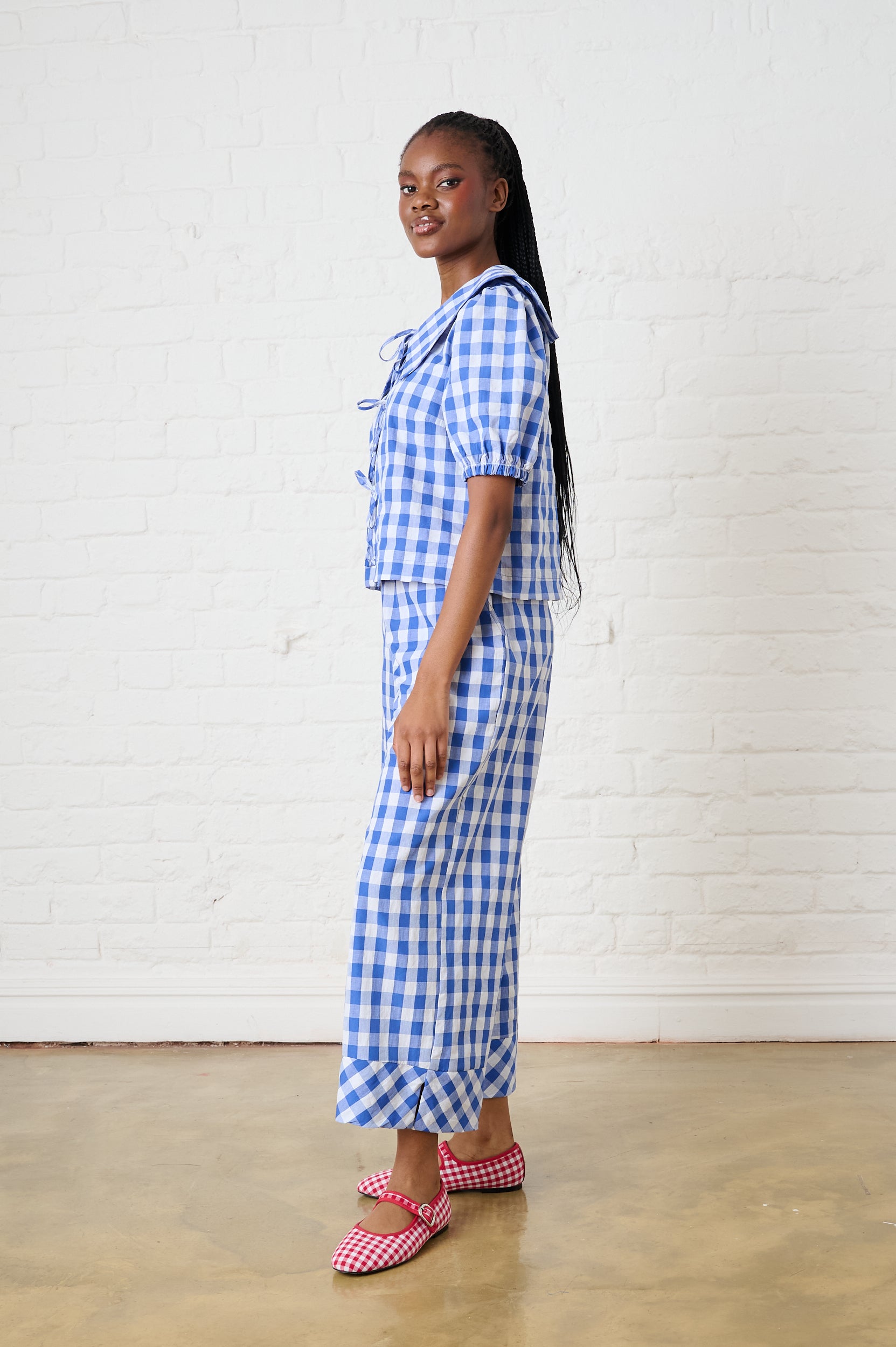 Elasticated Pants with Side Pockets in Blue Gingham