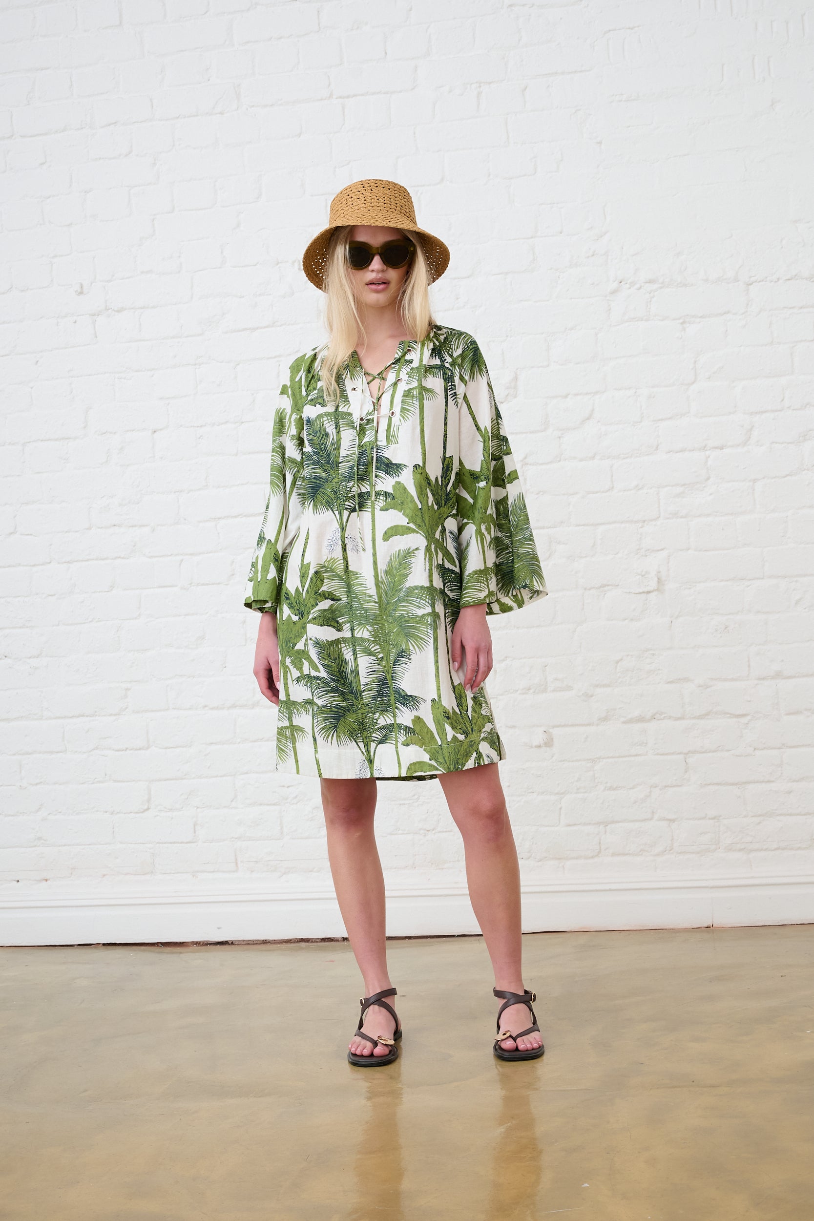 Lace up Palm Print Tunic Dress