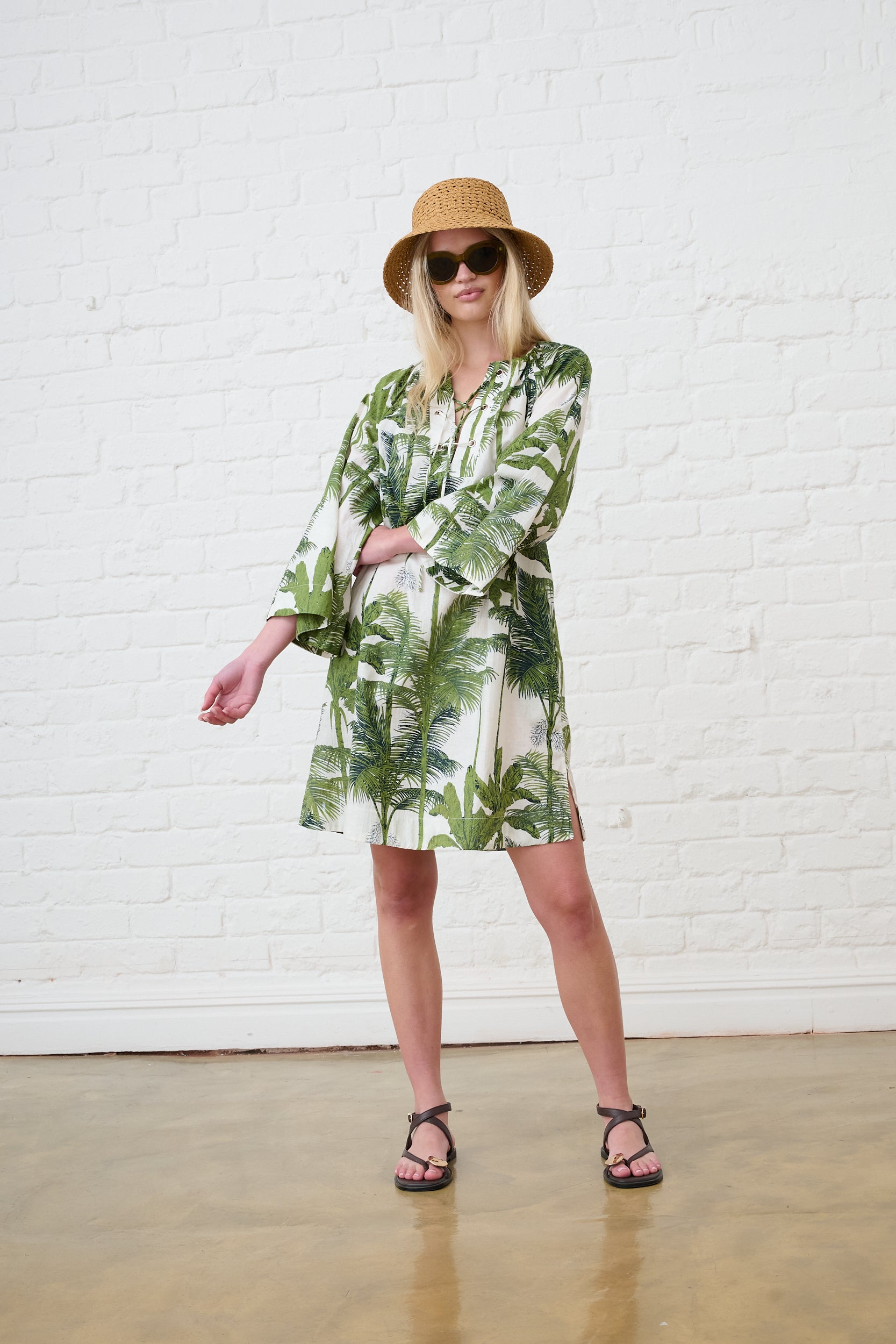 Lace up Palm Print Tunic Dress