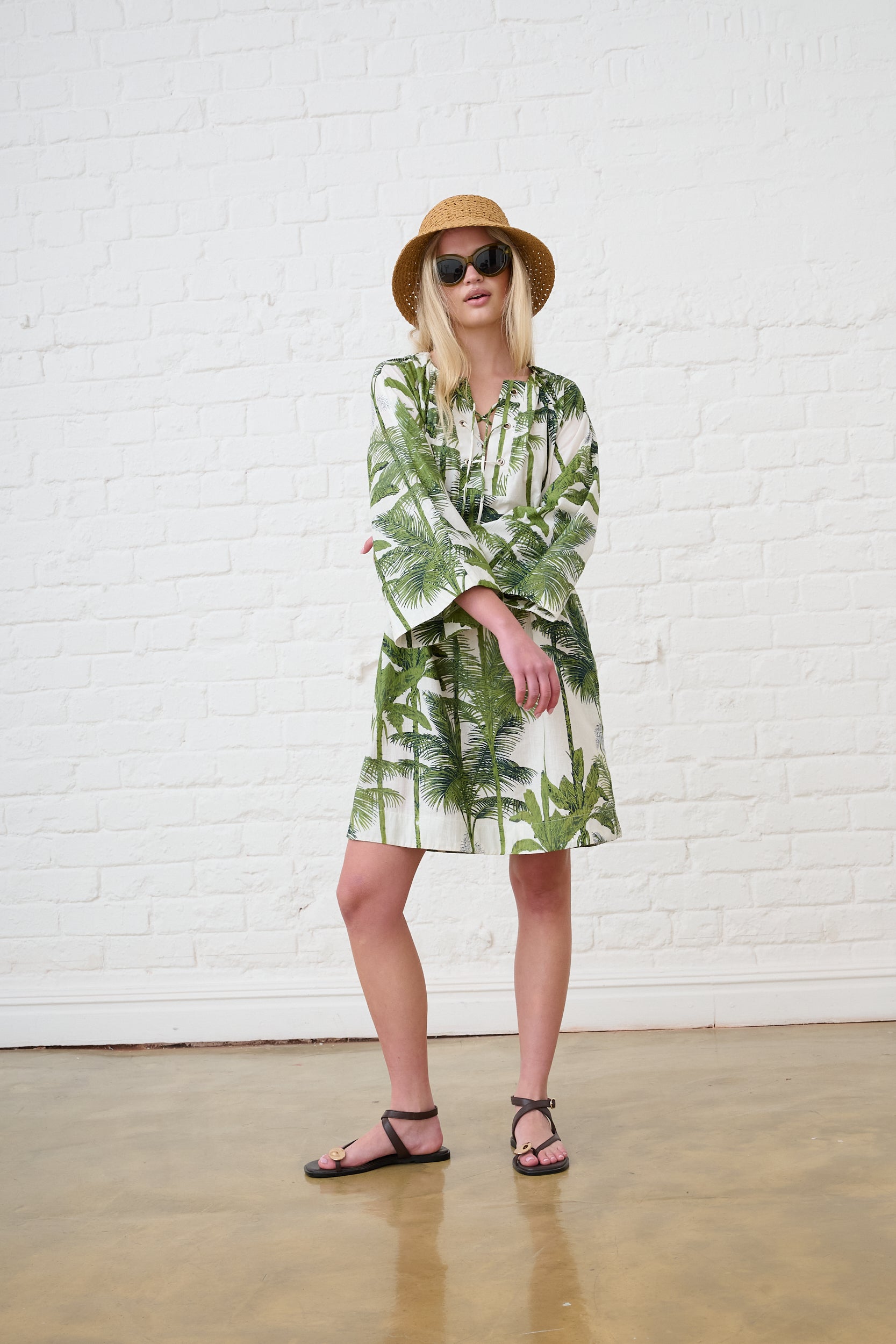 Lace up Palm Print Tunic Dress