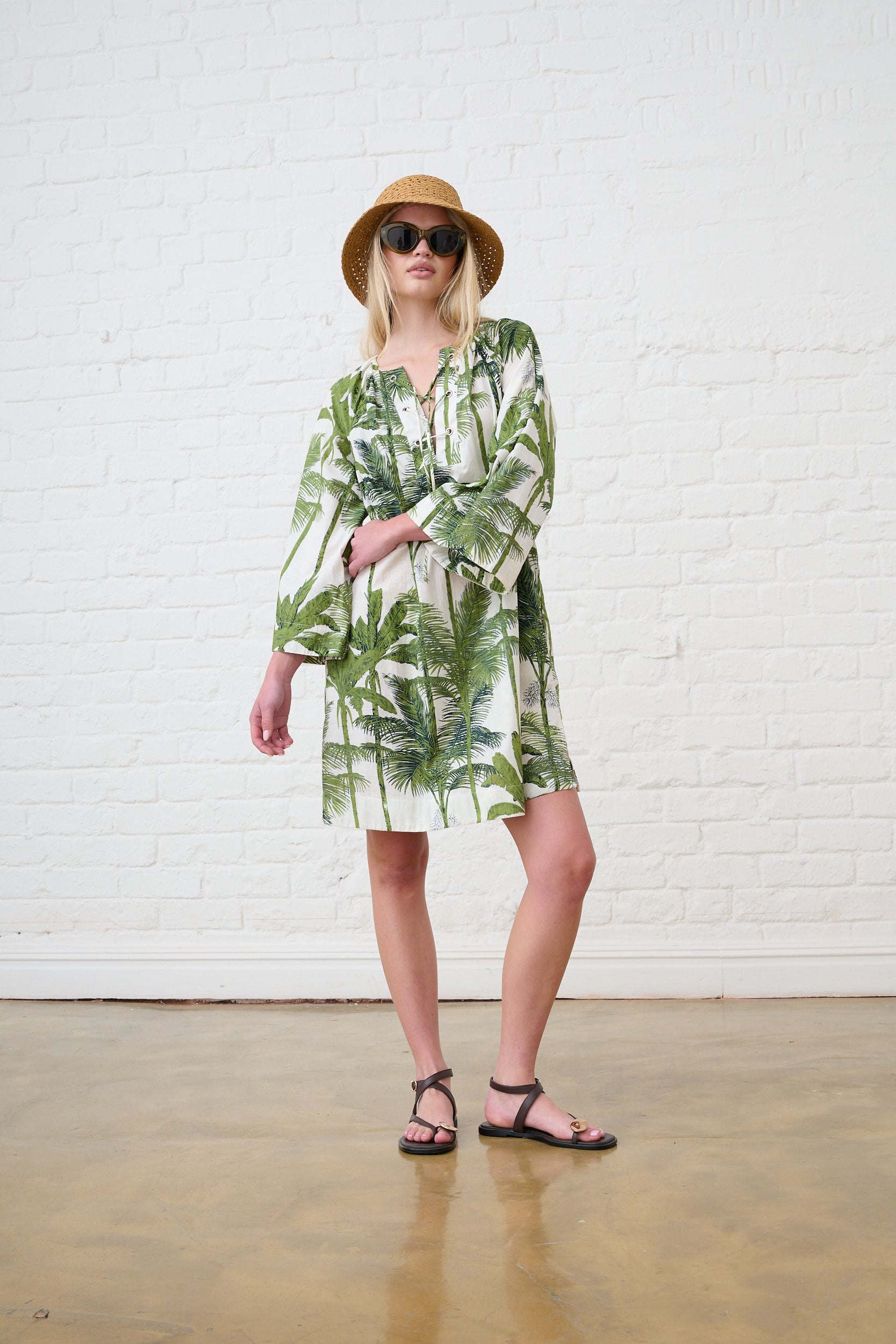 Lace up Palm Print Tunic Dress