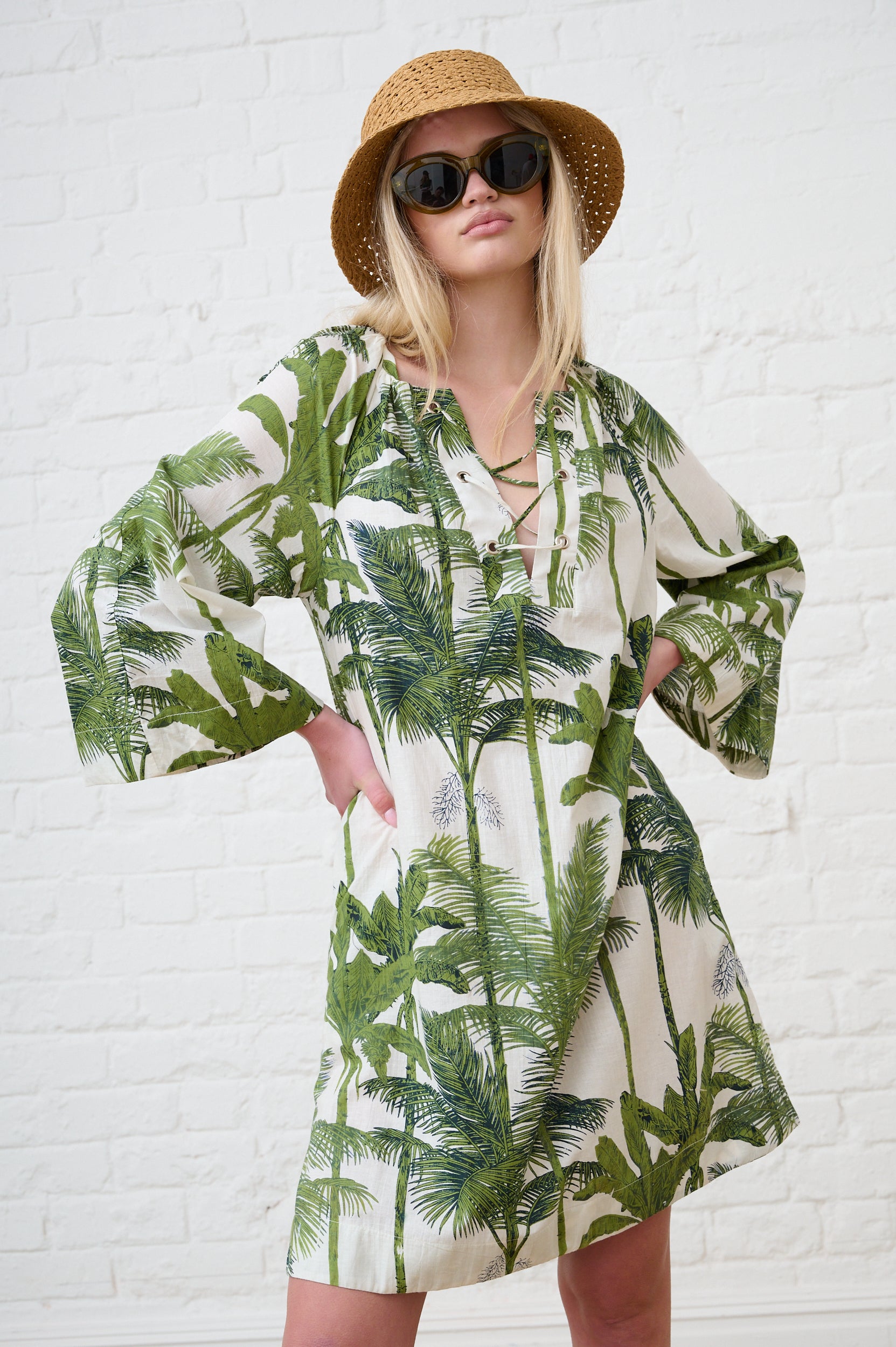 Lace up Palm Print Tunic Dress