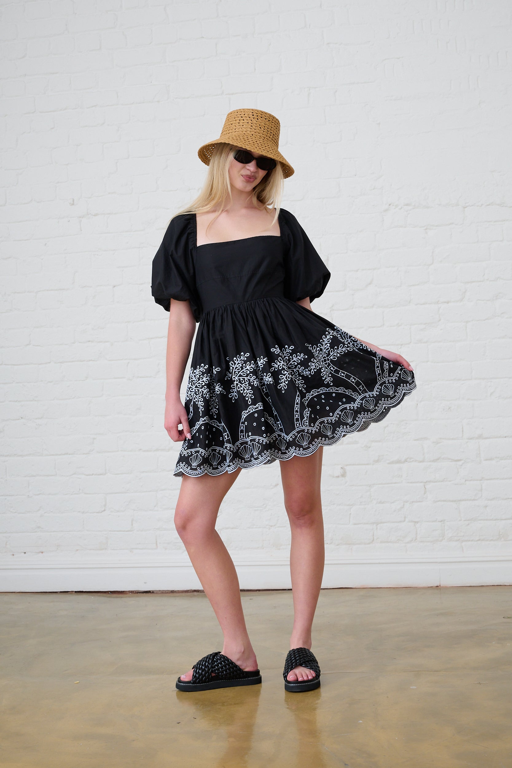 Black Palm Anglaise Border Babydoll Dress