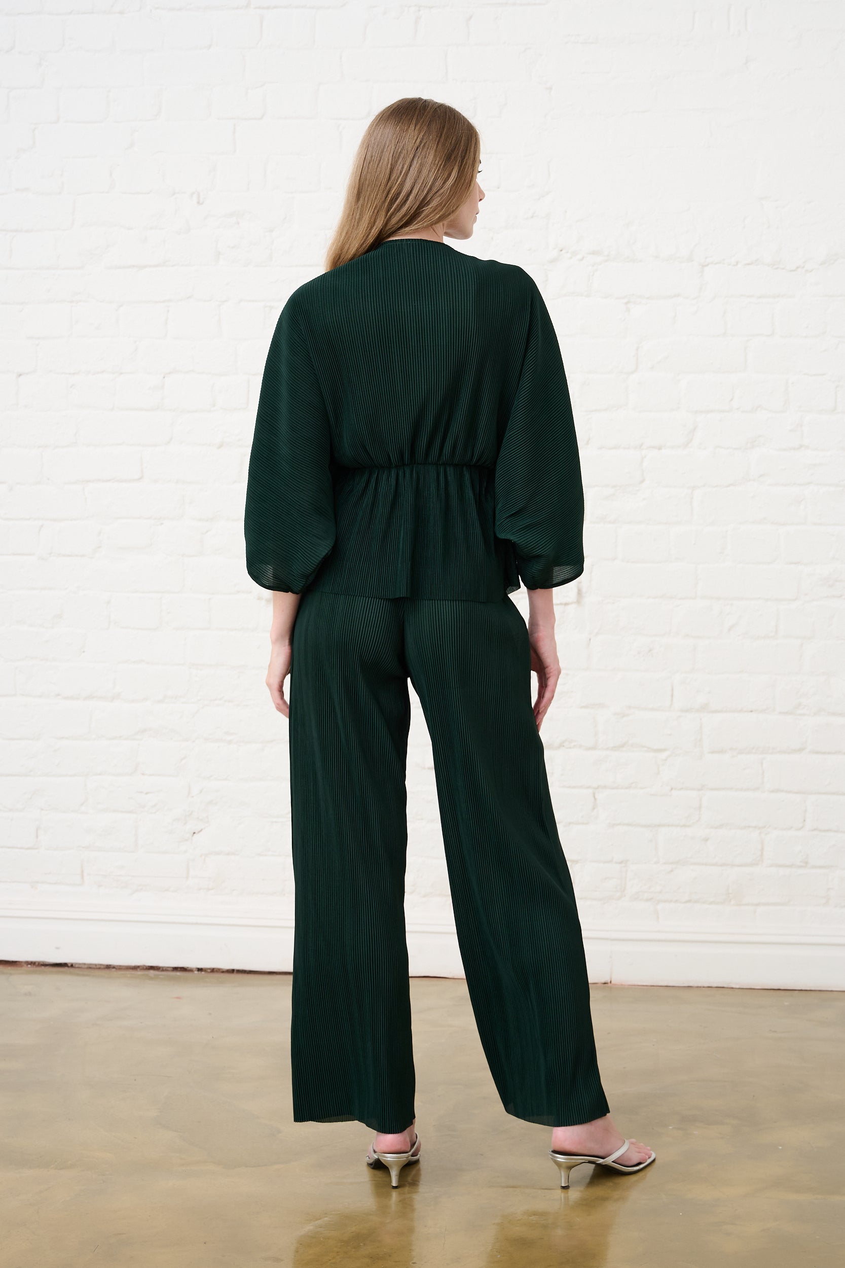 Kimono Plisse Top in Bottle Green