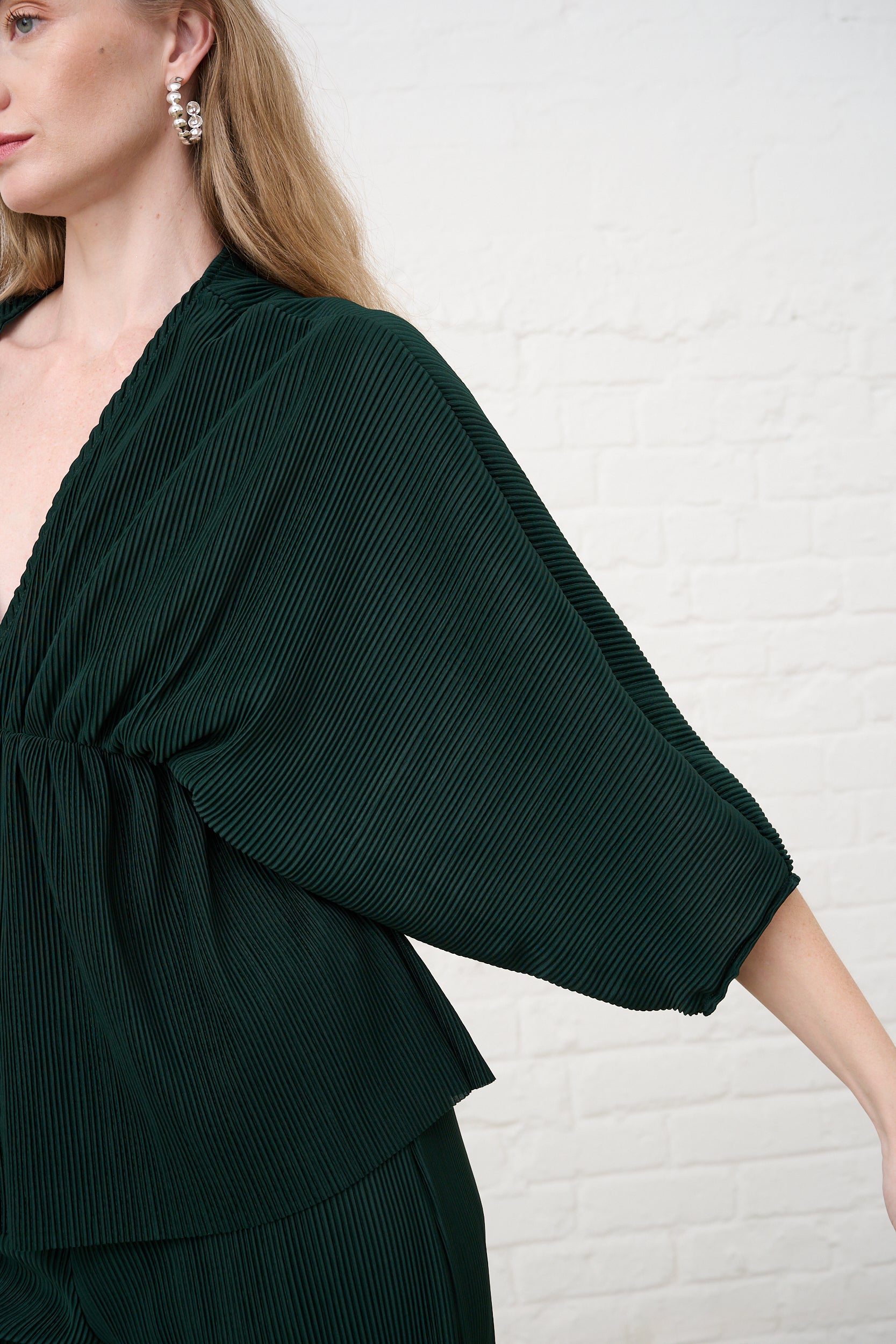 Kimono Plisse Top in Bottle Green