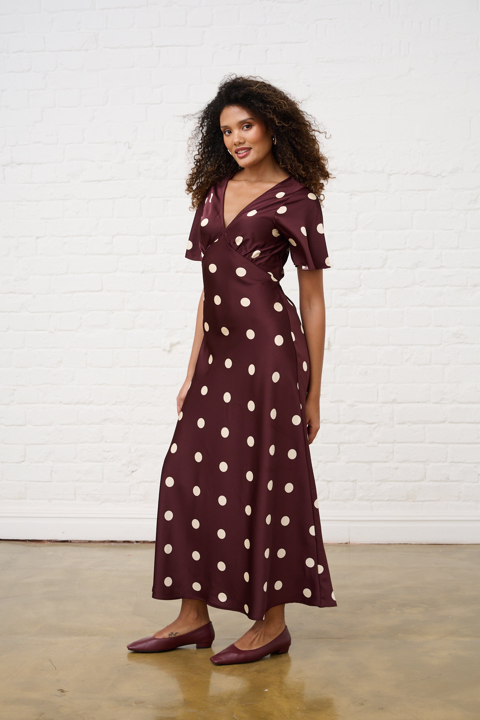 Burgundy Spot Satin Maxi Dress with Sleeve Me&B Burgundy Spot Satin Maxi Dress with Sleeve Me&B