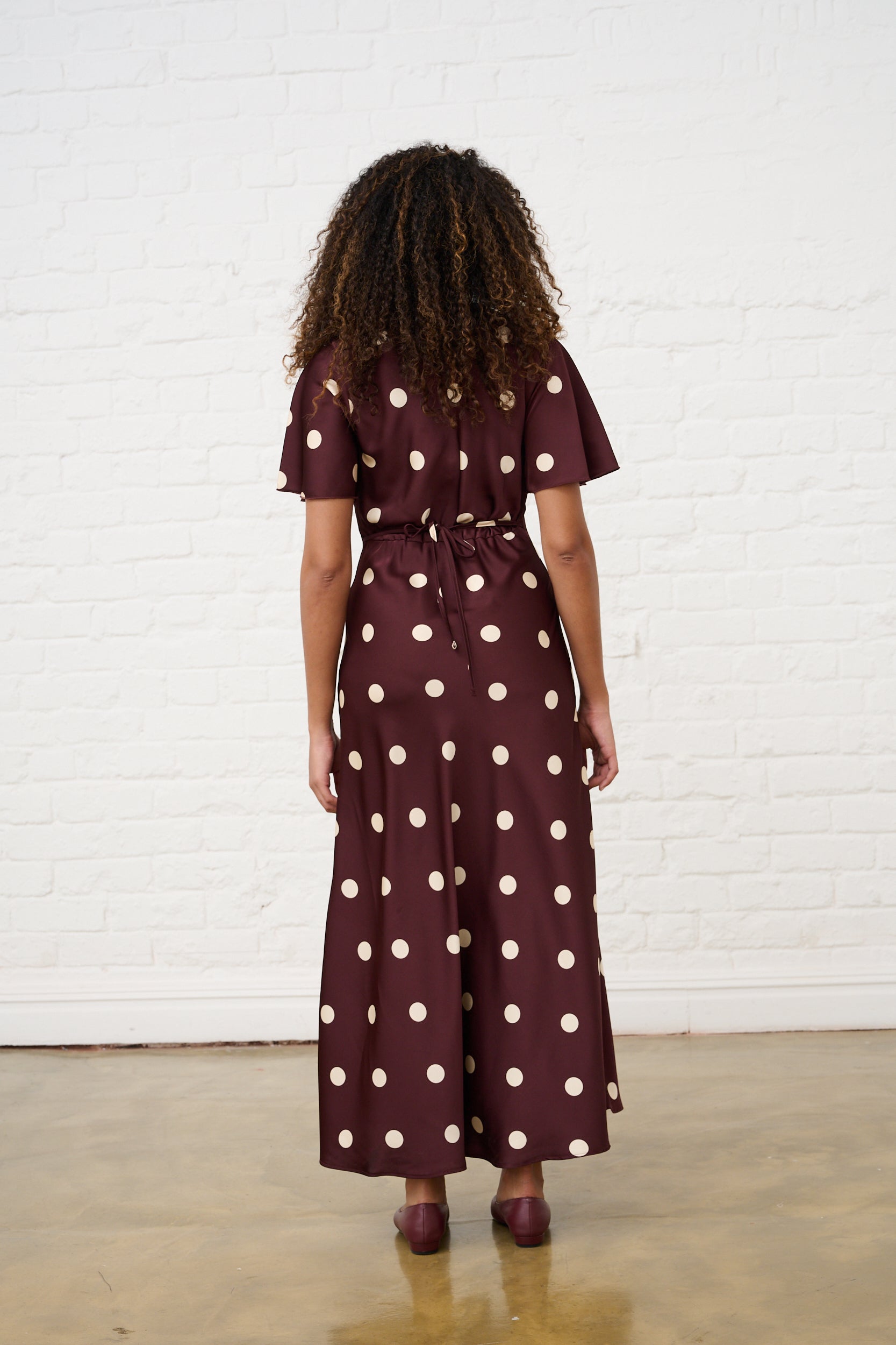 Burgundy Spot Satin Maxi Dress with Sleeve Me&B Burgundy Spot Satin Maxi Dress with Sleeve Me&B