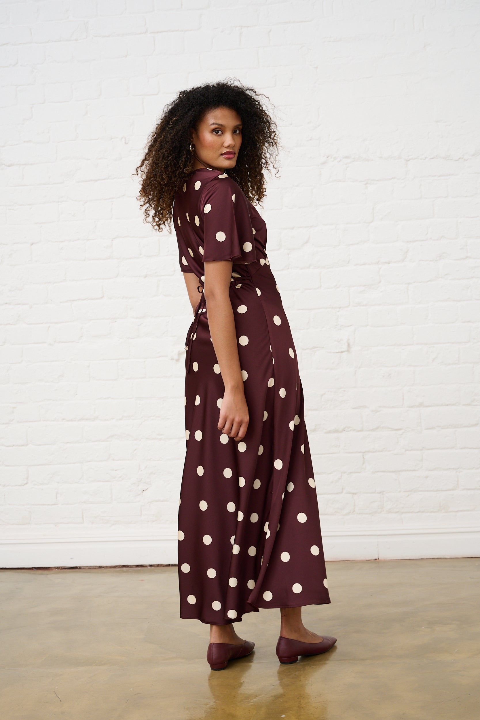 Burgundy Spot Satin Maxi Dress with Sleeve