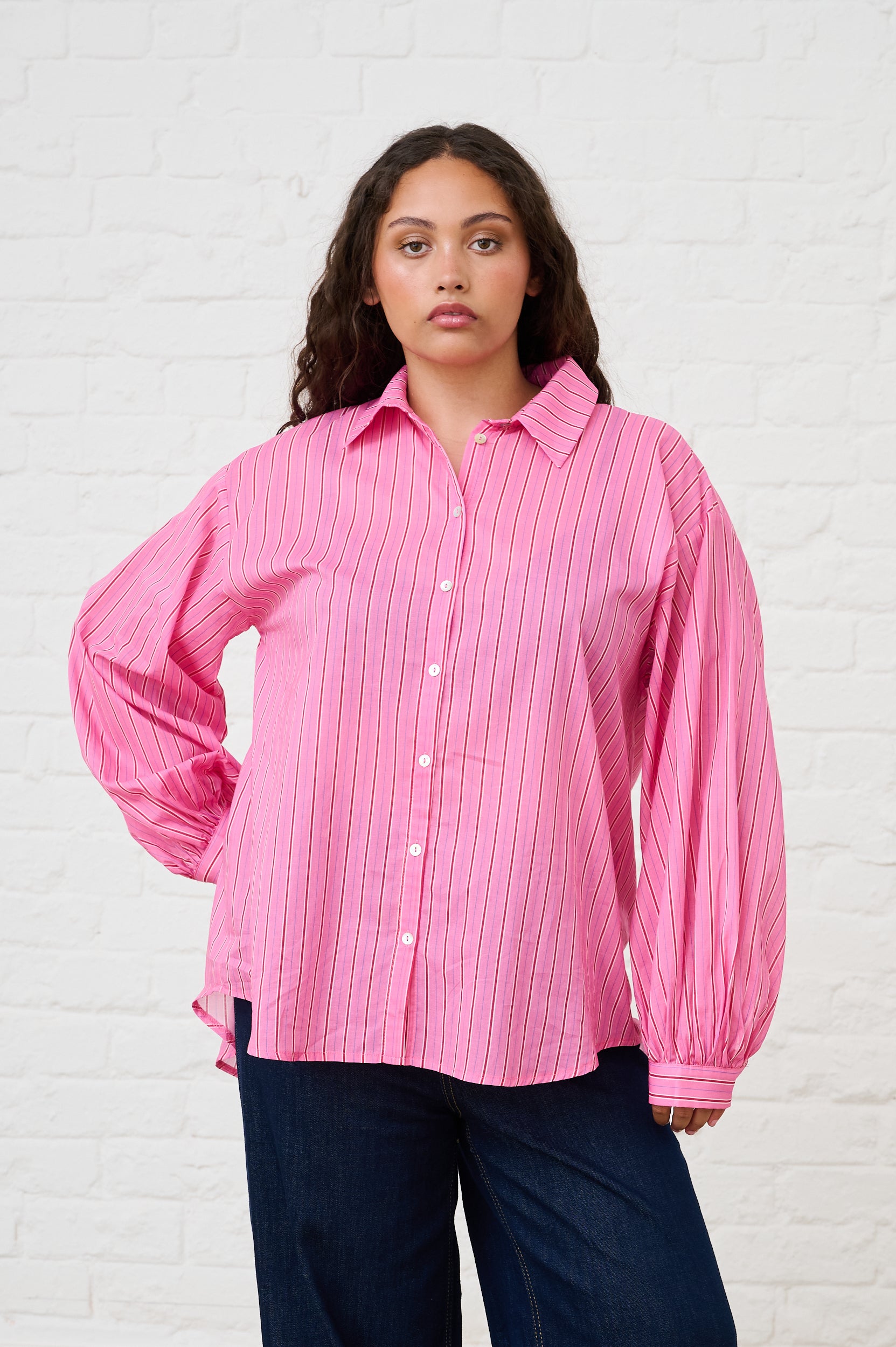 Bellow Sleeve Shirt in Pink Stripe
