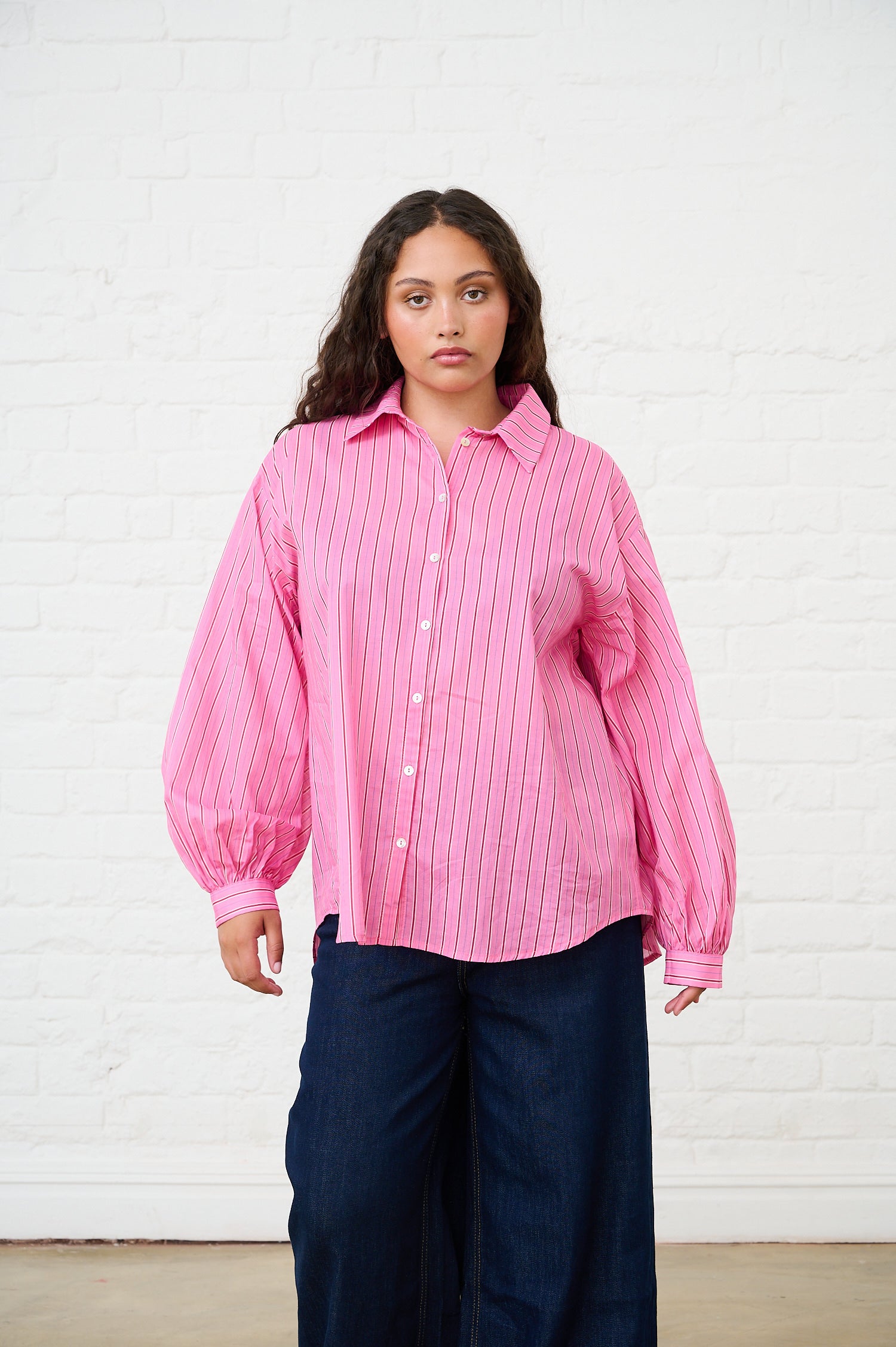 Bellow Sleeve Shirt in Pink Stripe