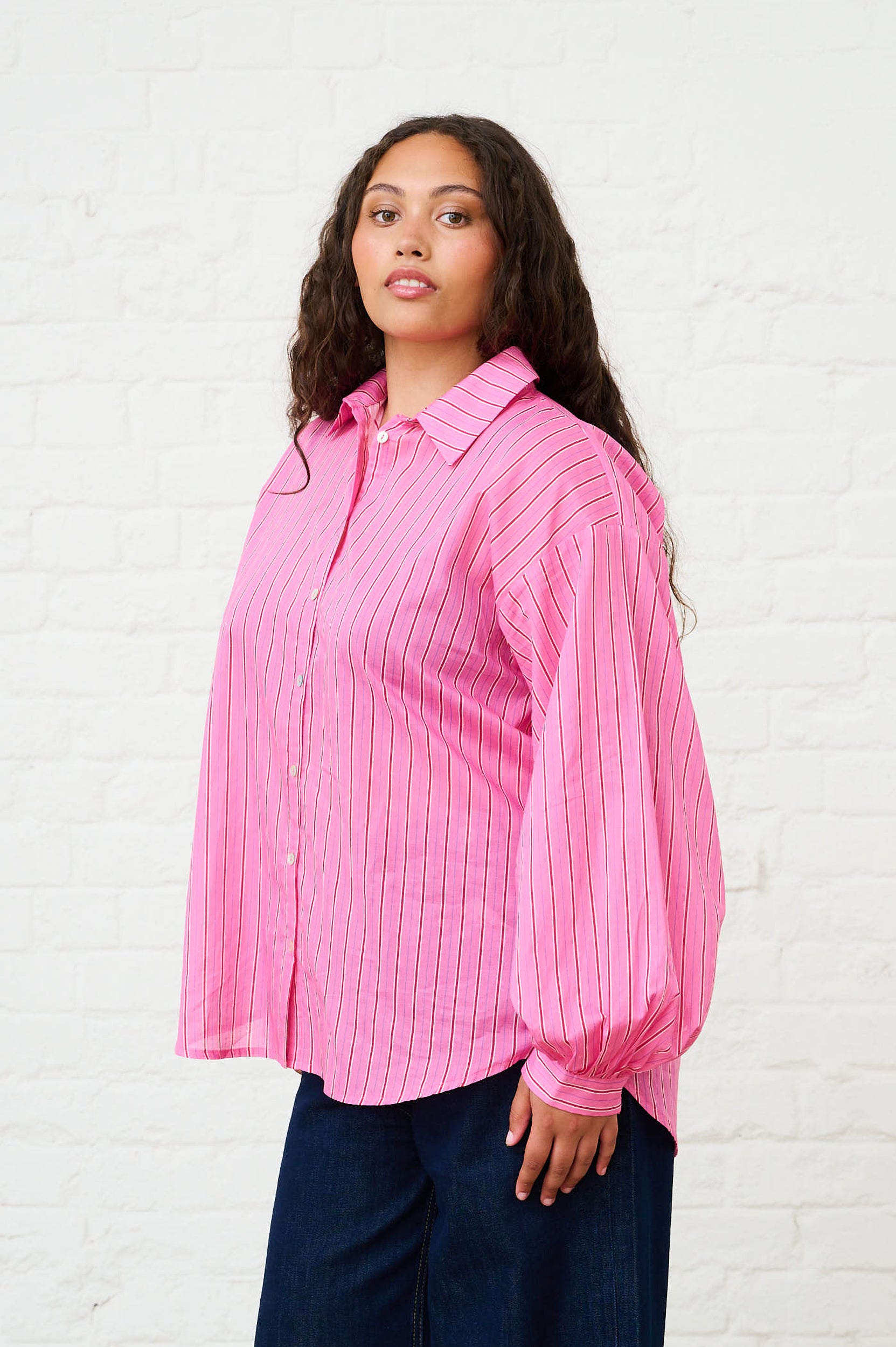 Bellow Sleeve Shirt in Pink Stripe