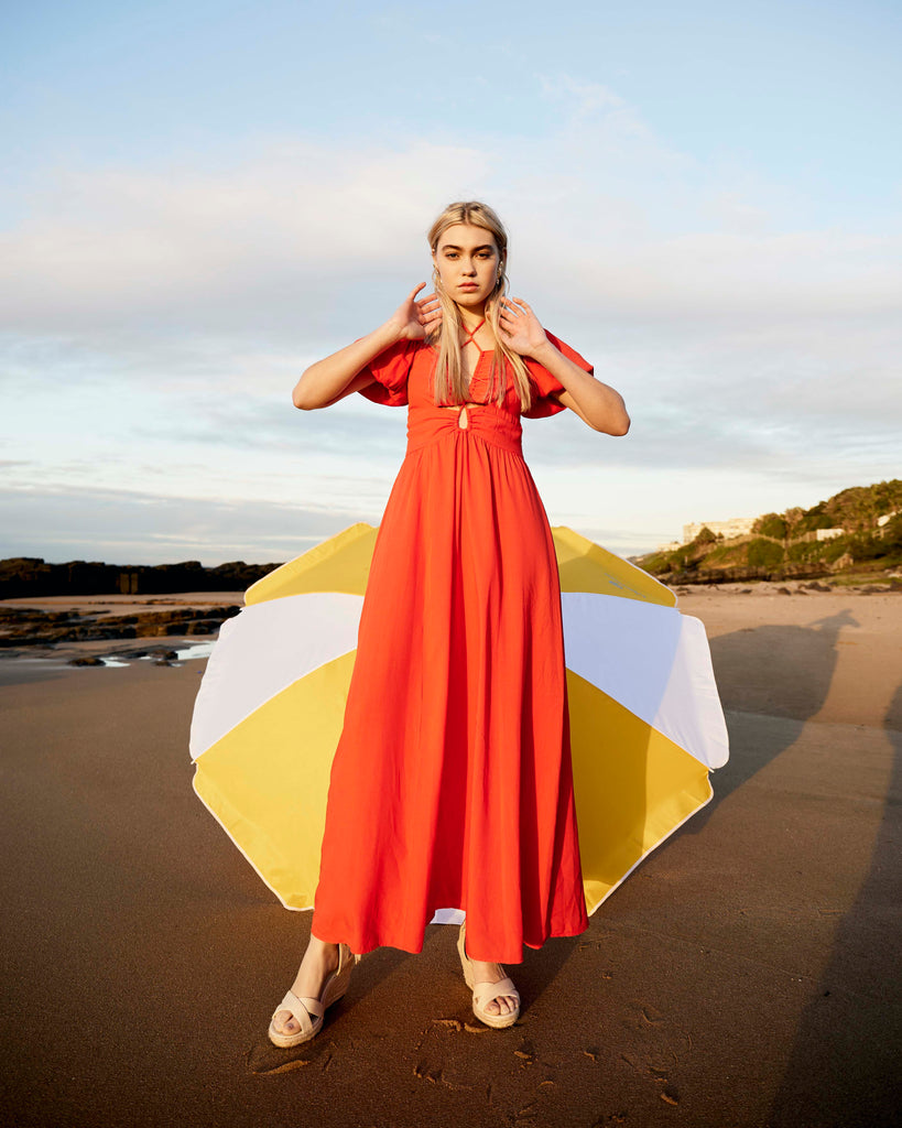 Me&B. Women's Clothing. Dress. Puff Sleeve Dress In Coral. Cut Out Maxi dress in orange. Local Clothing Brand South Africa.