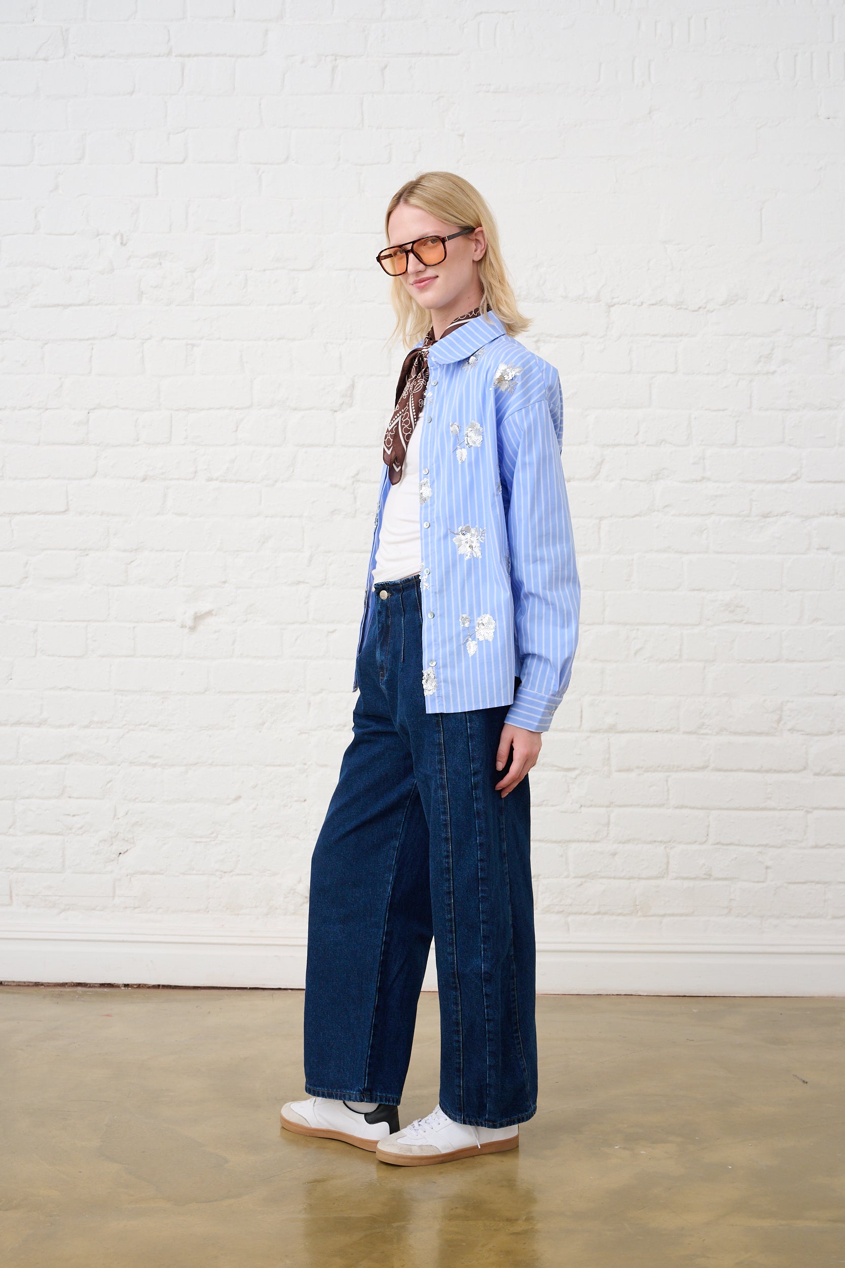 Luxe Sequined Shirt in Blue Stripe