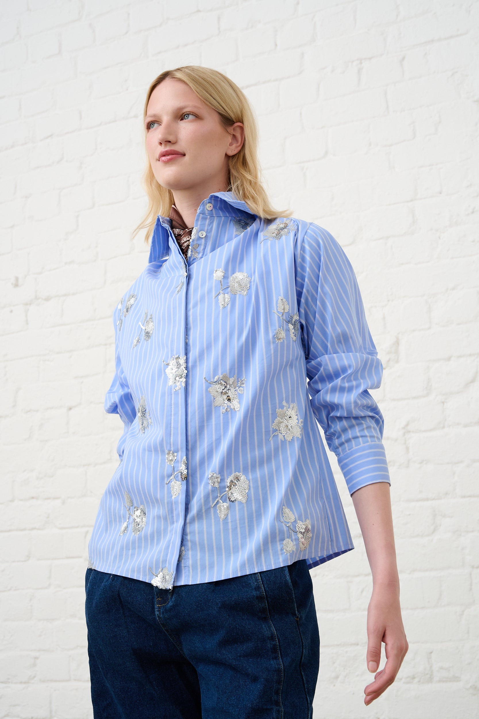 Luxe Sequined Shirt in Blue Stripe