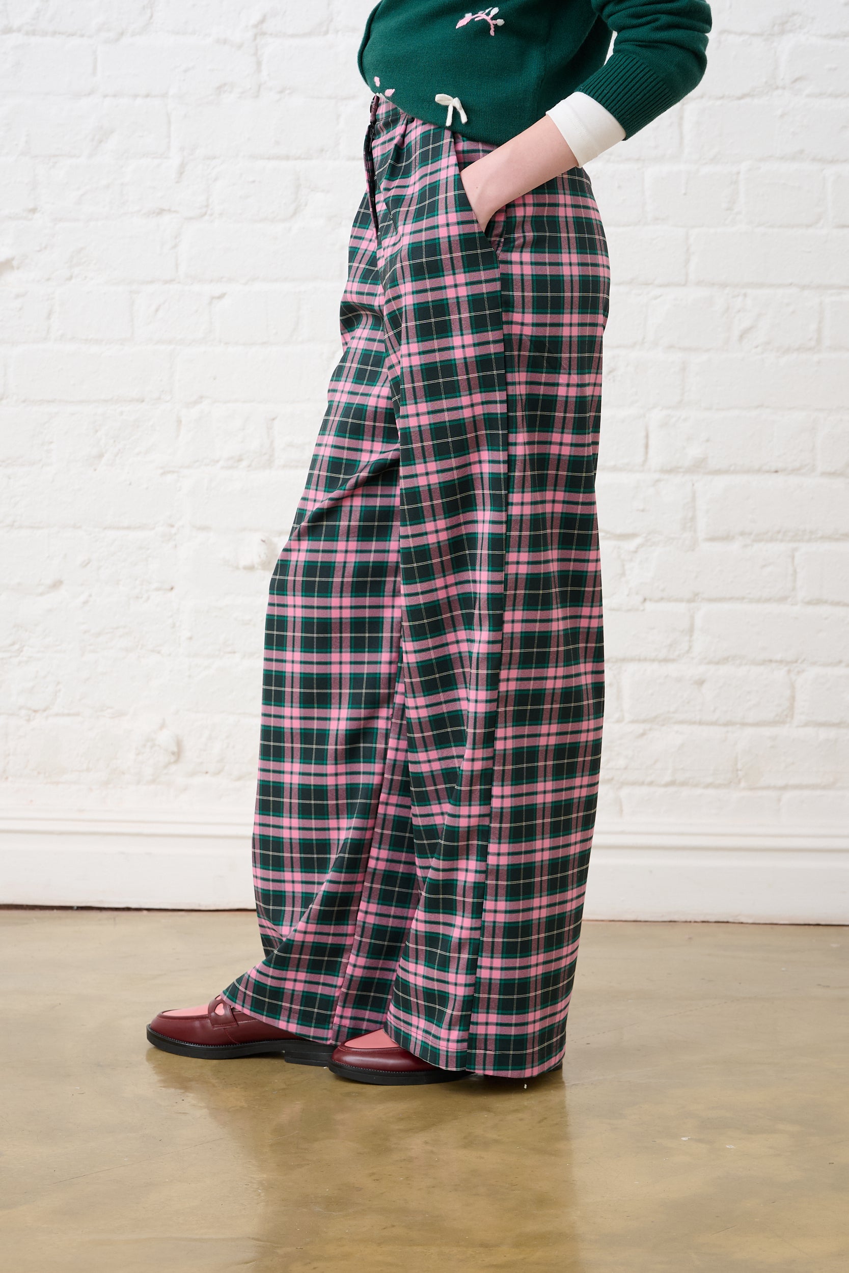 Check Straight Leg Trousers in Pink/Green