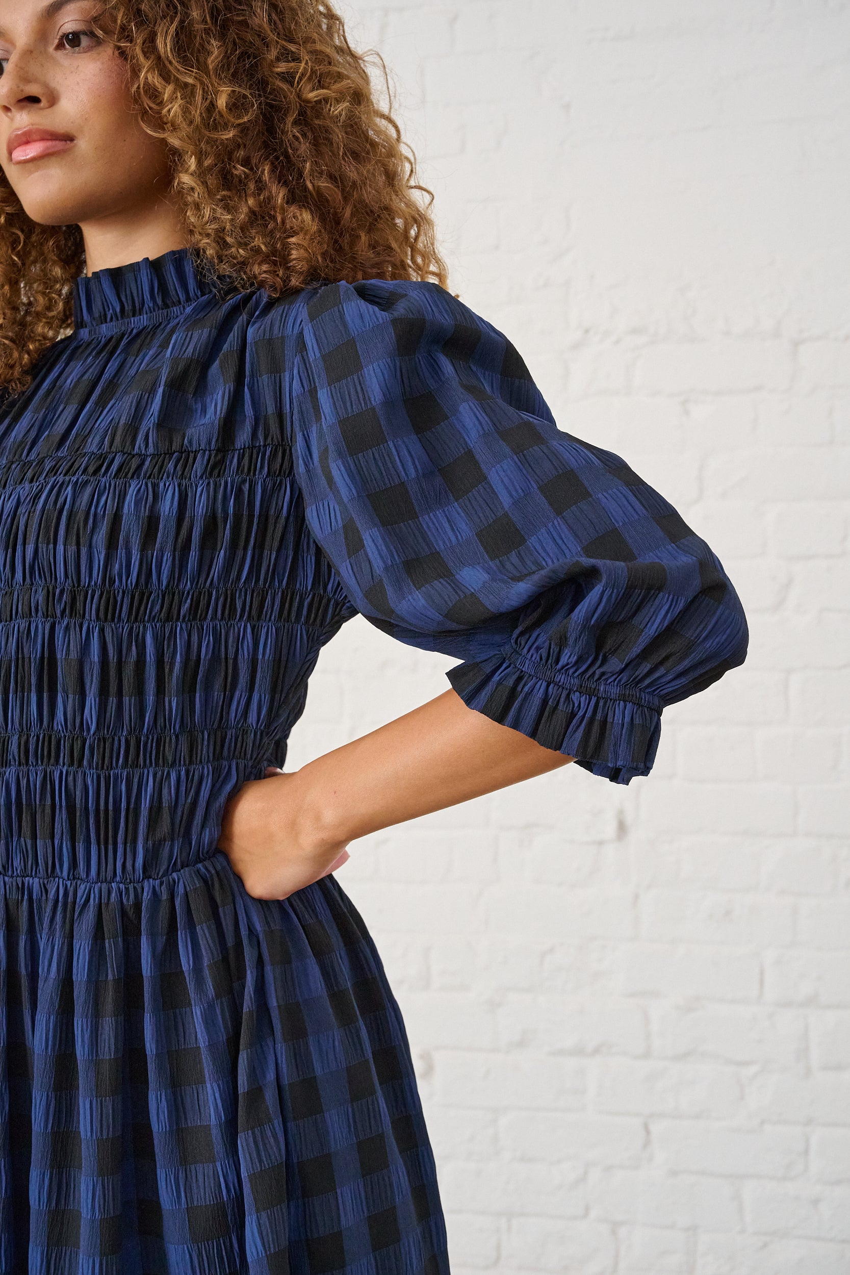 Navy/Black Gingham Shirred Midi Dress