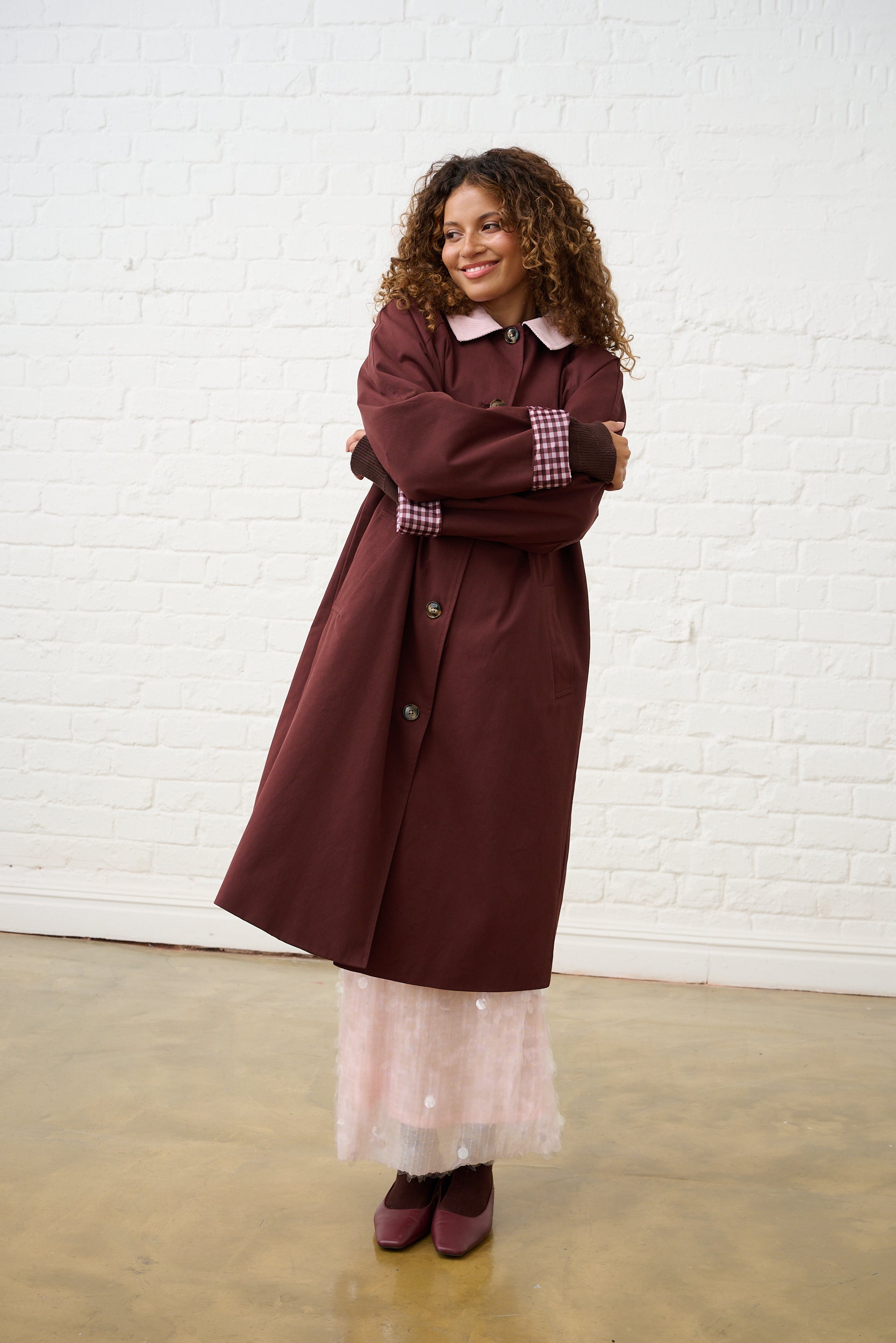 Contrast Collar Maxi Trench in Choc/Pink – Me&B