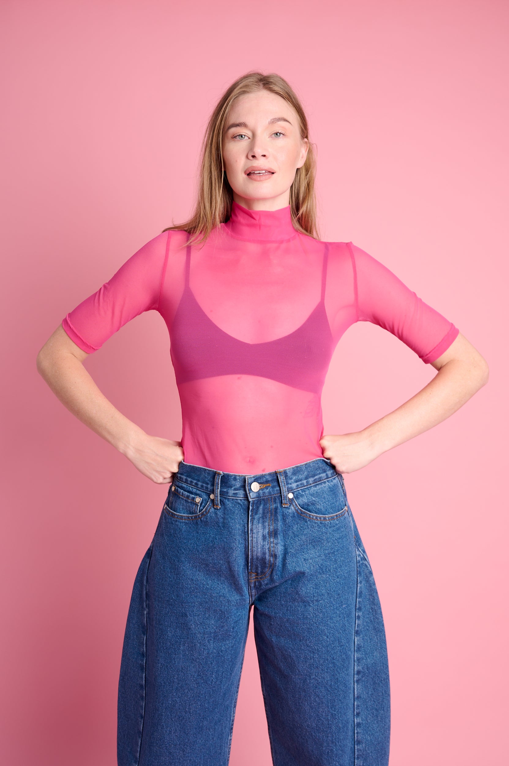 Polo Mesh Three Quarter Sleeve in Pink